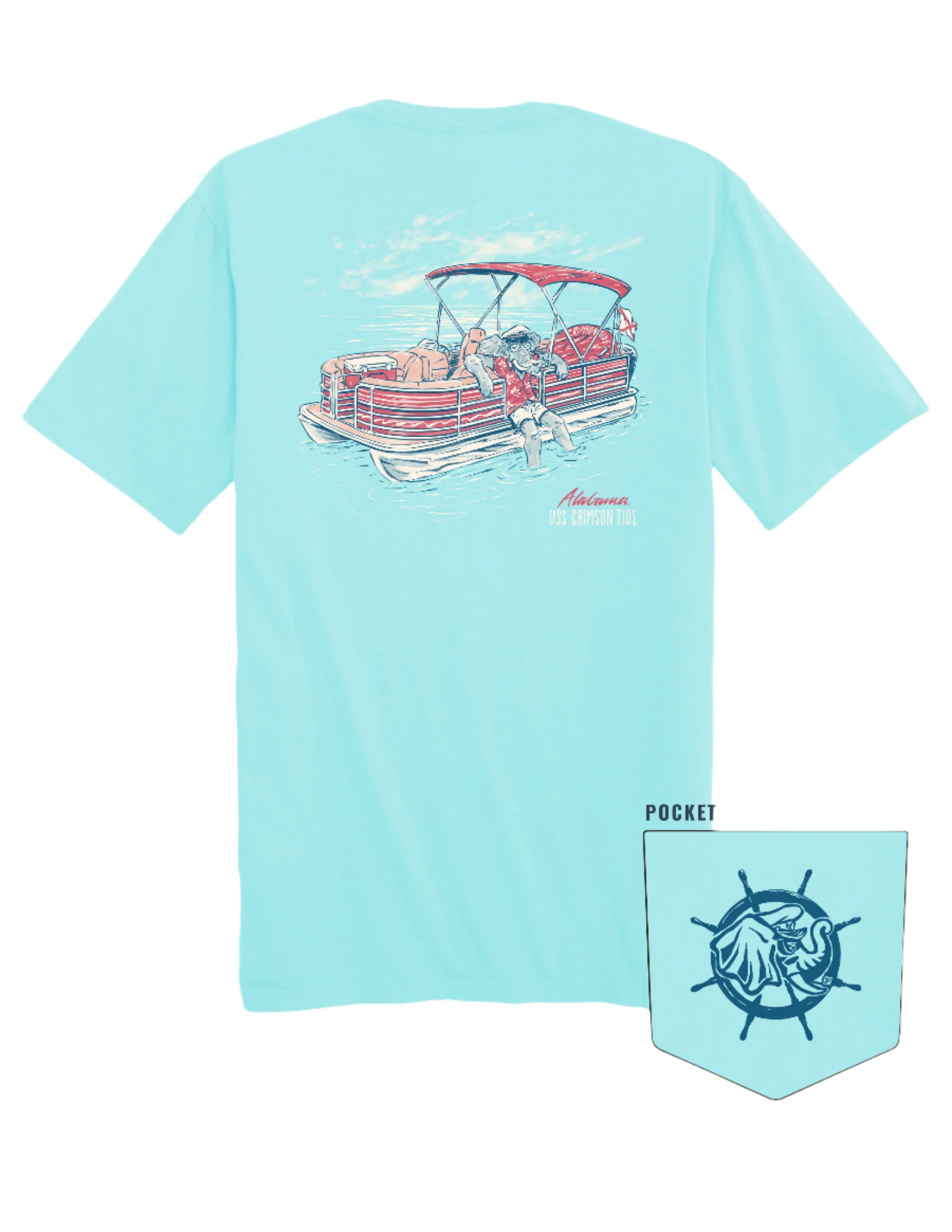 University of Alabama Big Al Pontoon Aqua Comfort Colors T-Shirt with an image of Big Al lounging on the side of a Red and White Pontoon Boat  with the text "USS Crimson Tide" below
