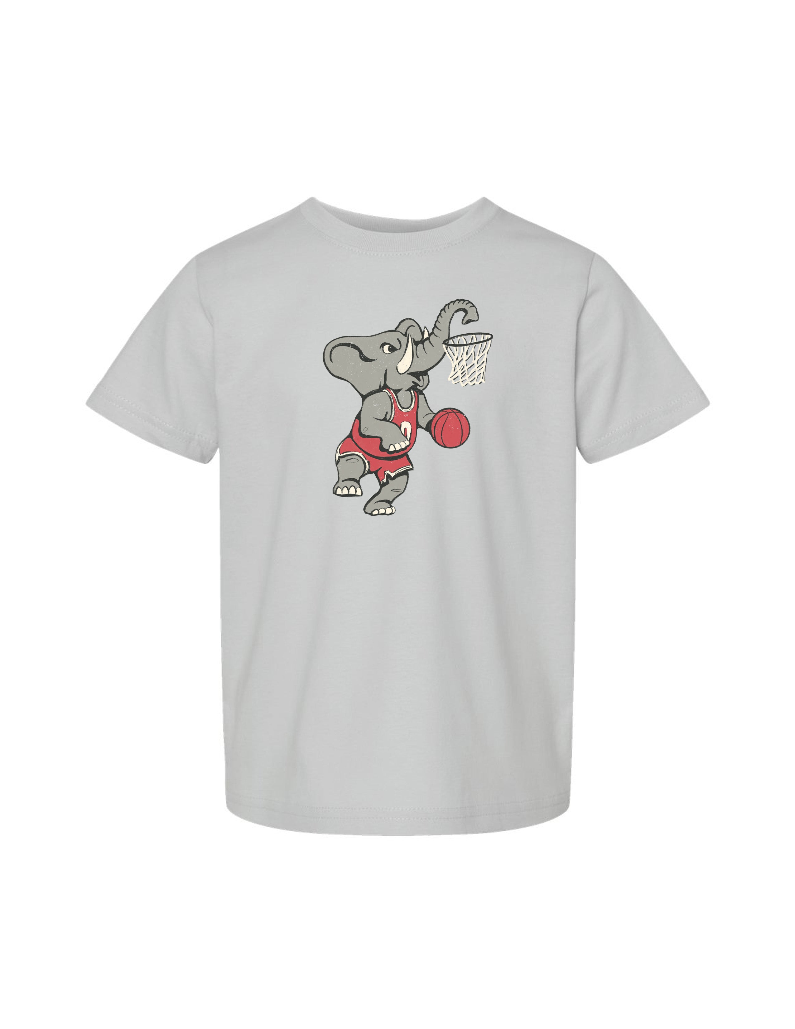 University of Alabama Grey Big Al Youth T-Shirt with an image of Big Al in a basketball uniform dunking a basketball