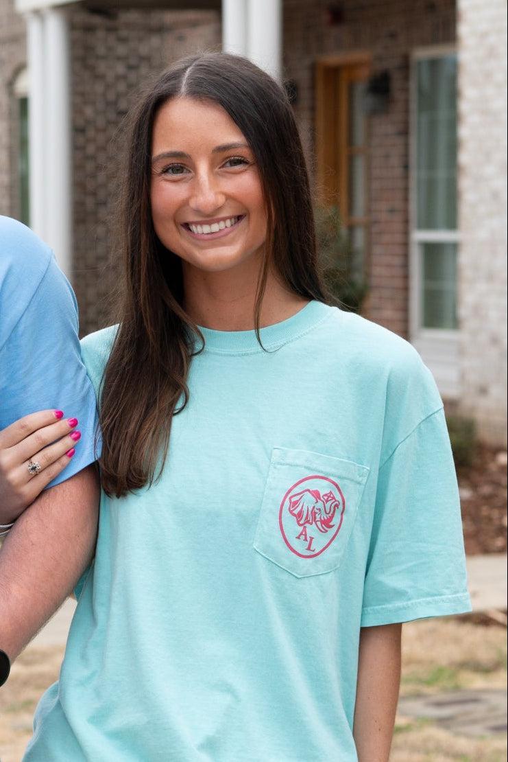 University of Alabama Mint T-Shirt with the Elephant Seal Logo on the front pocket