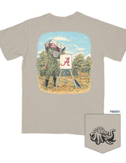 University of Alabama Sandstone T-Shirt with an illustration of Big Al in hunting gear filling a Script A deer feeder with a deer in the background