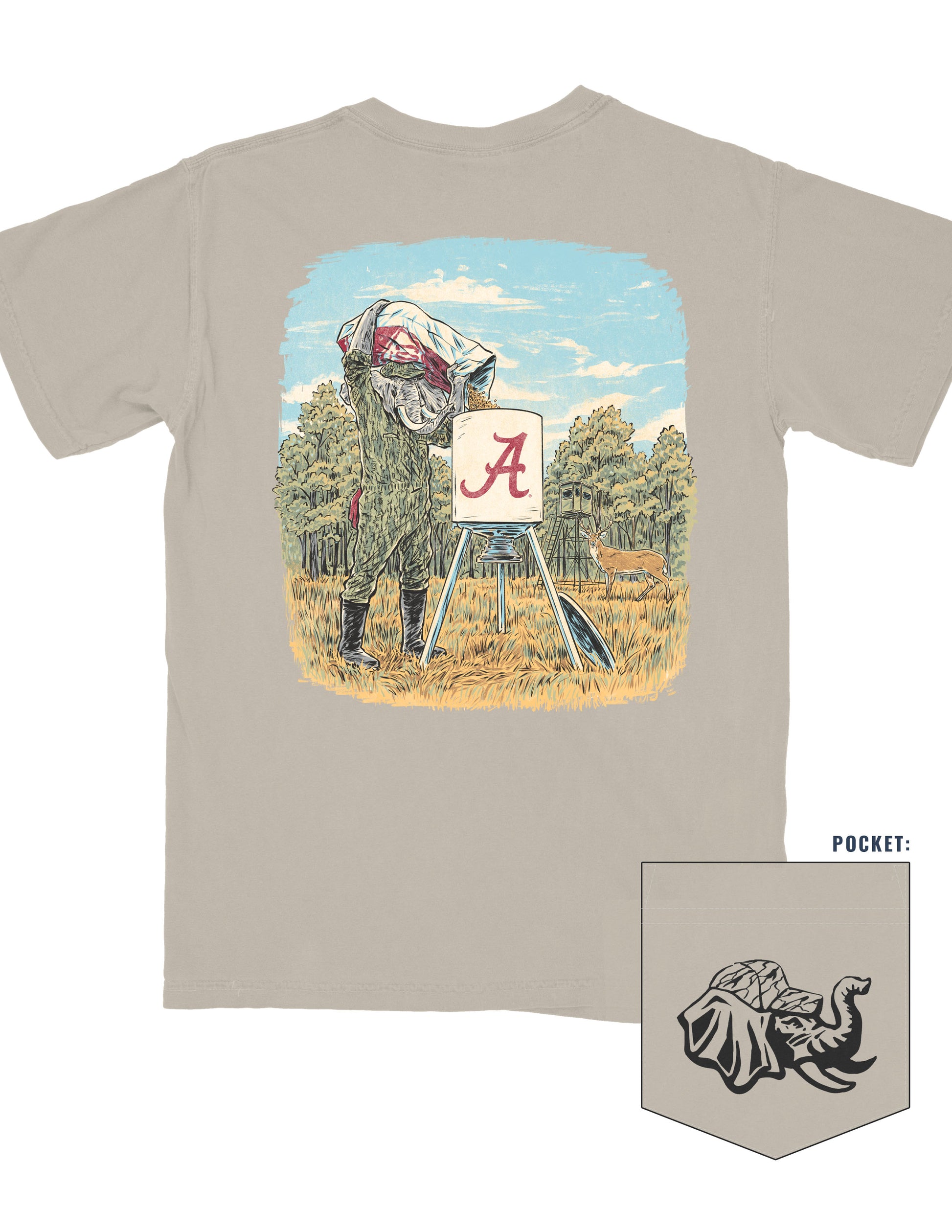 University of Alabama Sandstone T-Shirt with an illustration of Big Al in hunting gear filling a Script A deer feeder with a deer in the background