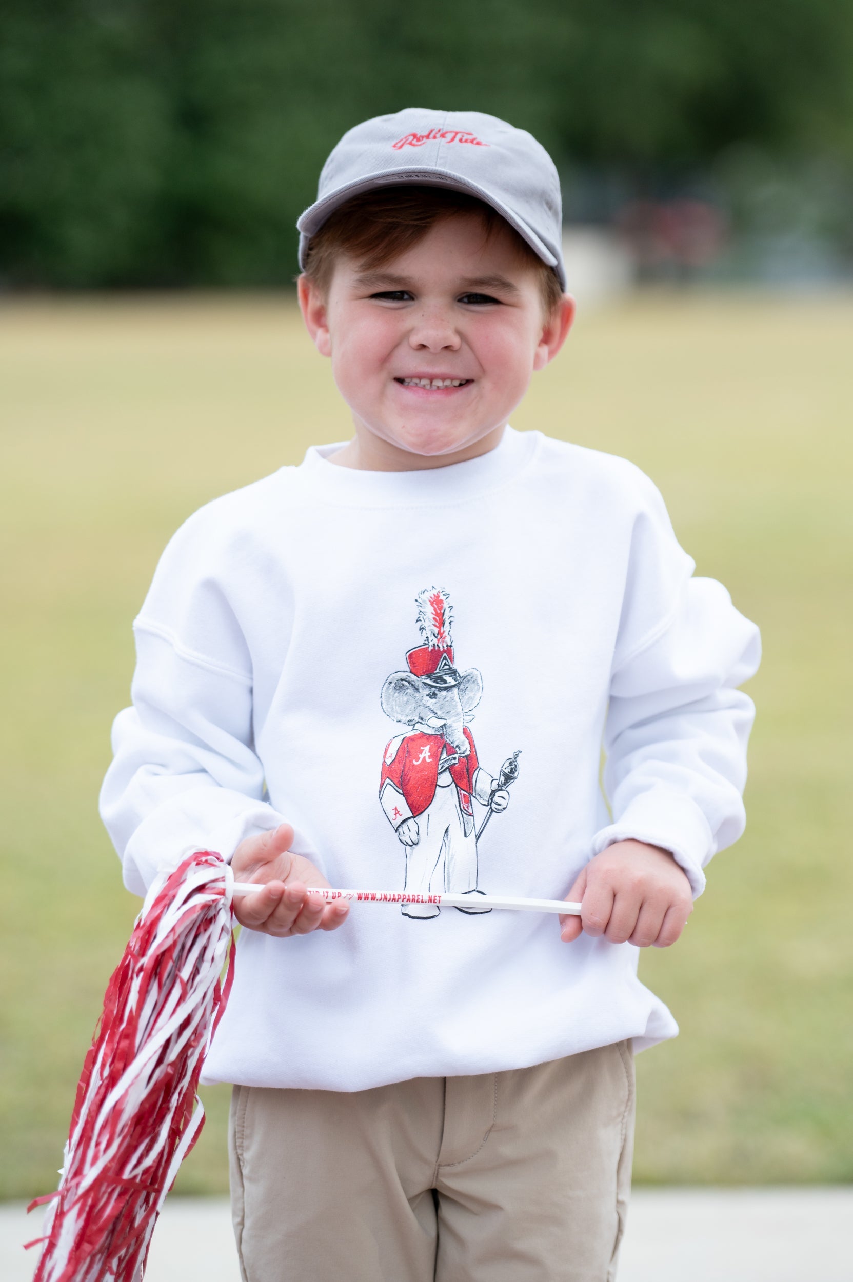 University of Alabama Big Al Drum Major White Gildan Sweatshirt with an image of Big Al wearing a Drum Major's outfit and holding the baton