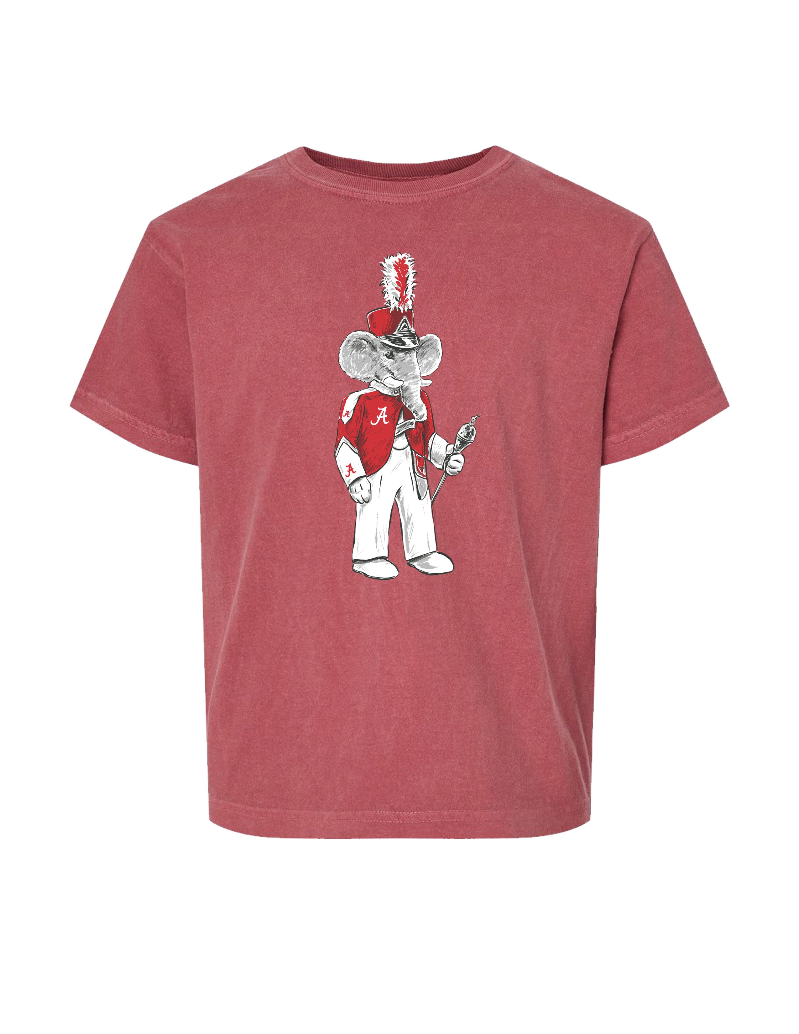 University of Alabama Big Al Drum Major Grey Gildan Youth T-Shirt with an image of Big Al wearing a Drum Major's outfit and holding the baton