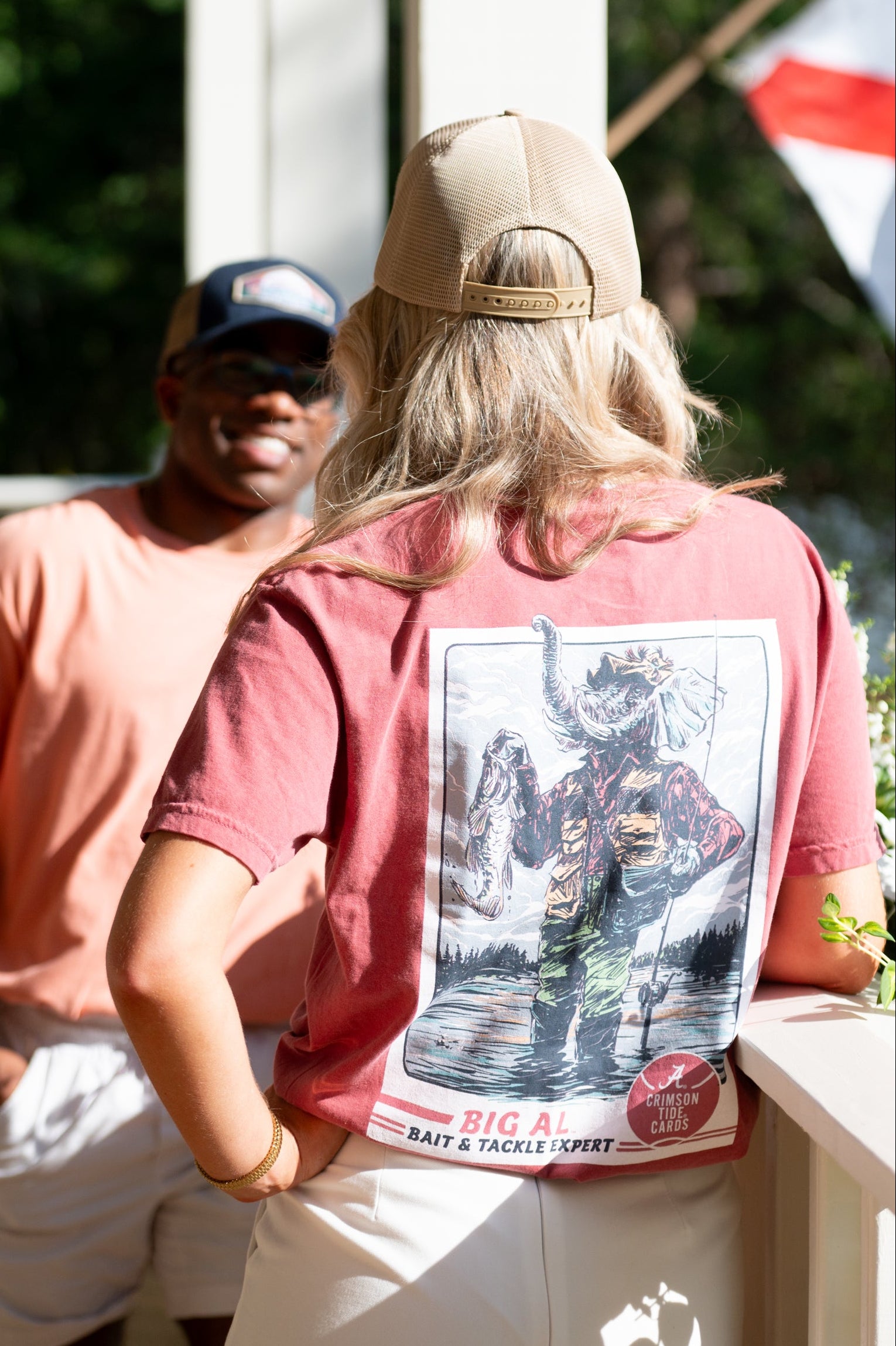 University of Alabama Big Al Fishing Comfort Colors Grey T-Shirt with image of Big Al standing in the water holding a fishing pole
