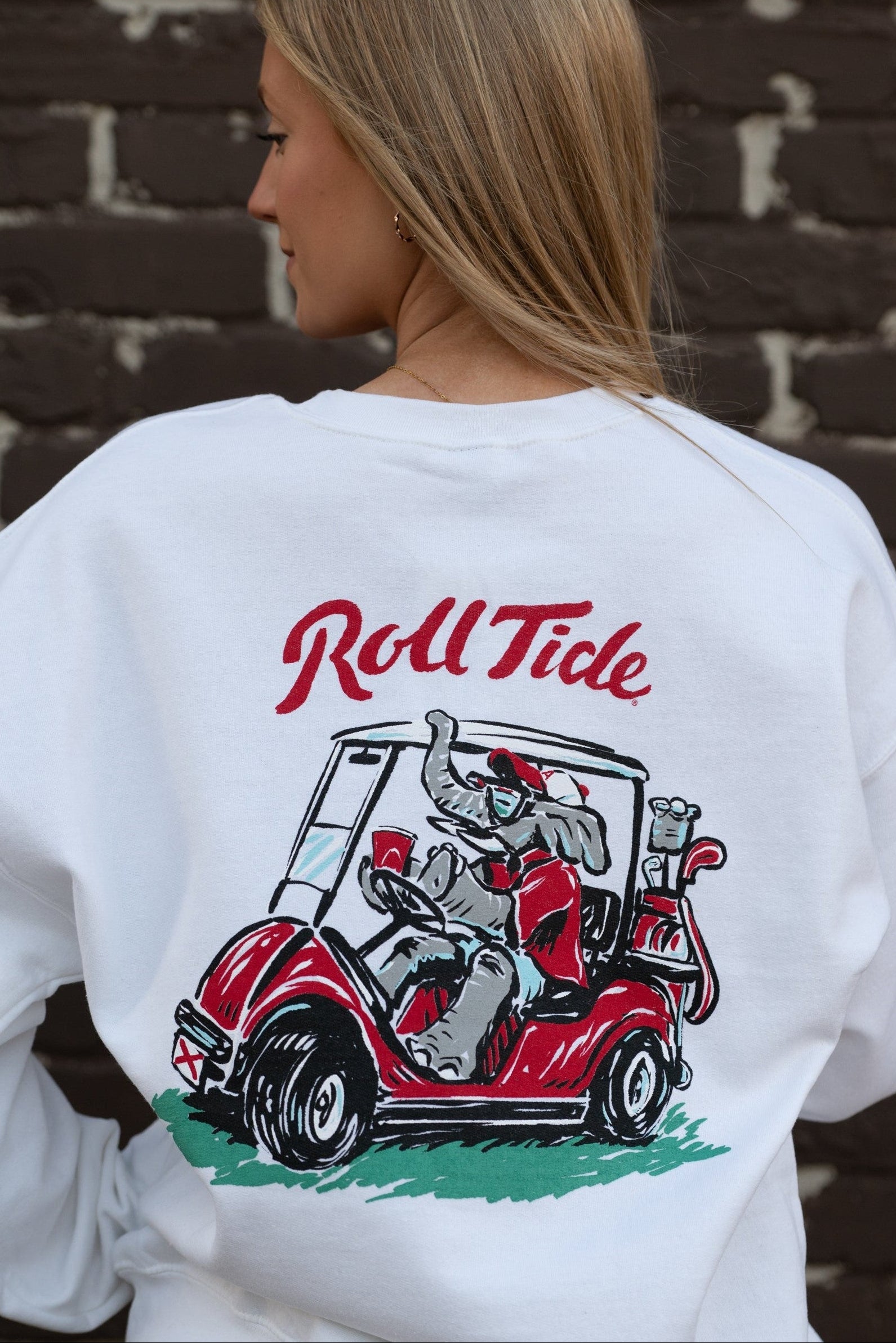 University of Alabama Big Al Golf Cart Grey Gildan Sweatshirt with the text "Roll Tide" above an image of Big Al wearing sunglasses and driving a golf cart