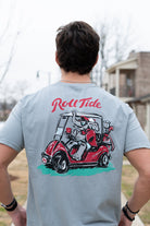 University of Alabama Grey Shirt with the text "Roll Tide" above an image of Big Al wearing sunglasses and driving a golf cart