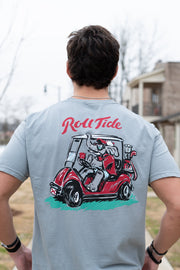 University of Alabama Grey Shirt with the text "Roll Tide" above an image of Big Al wearing sunglasses and driving a golf cart