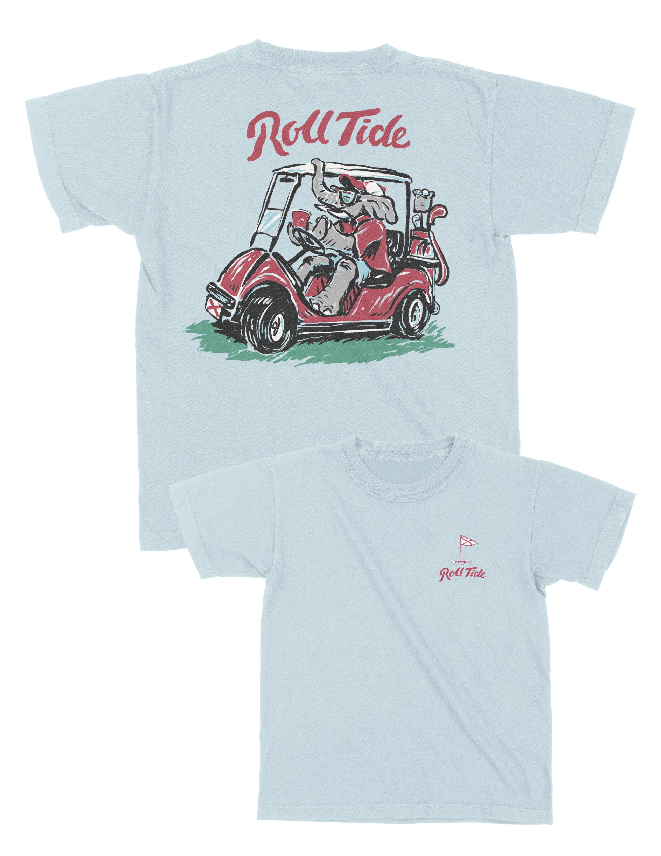 University of Alabama Big Al Golf Cart Blue SoftShirts Youth Tee with the text "Roll Tide" above an image of Big Al wearing sunglasses and driving a golf cart