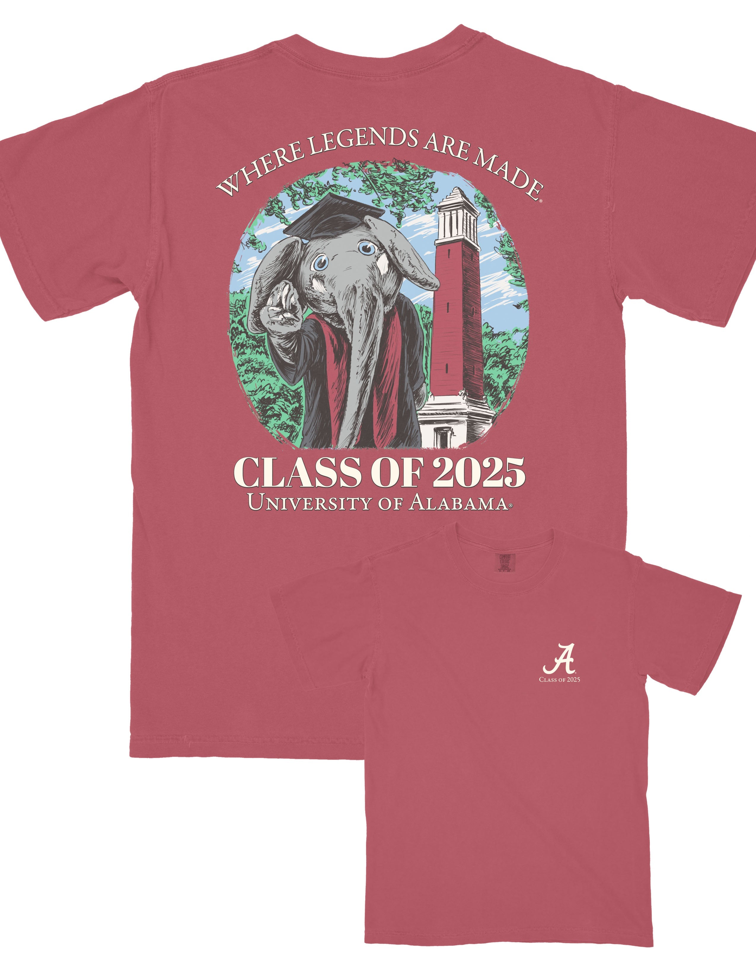 University of Alabama Red Big Al Graduation T-Shirt with an image of Big Al in graduation attire in front of Denny Chimes above White text "Class of 2025"