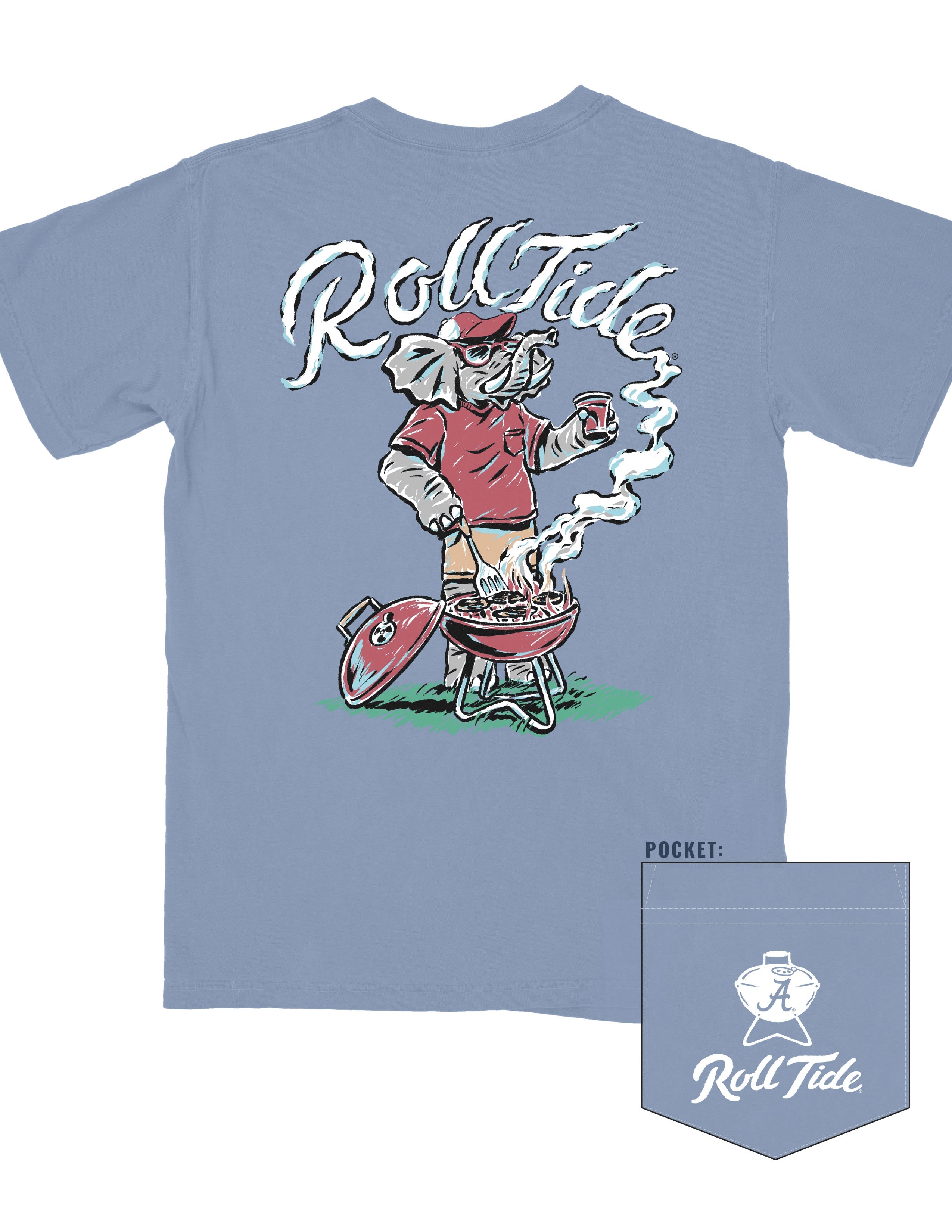 University of Alabama Blue T-Shirt with a drawing of Big Al grilling and the words “Roll Tide” written in the smoke