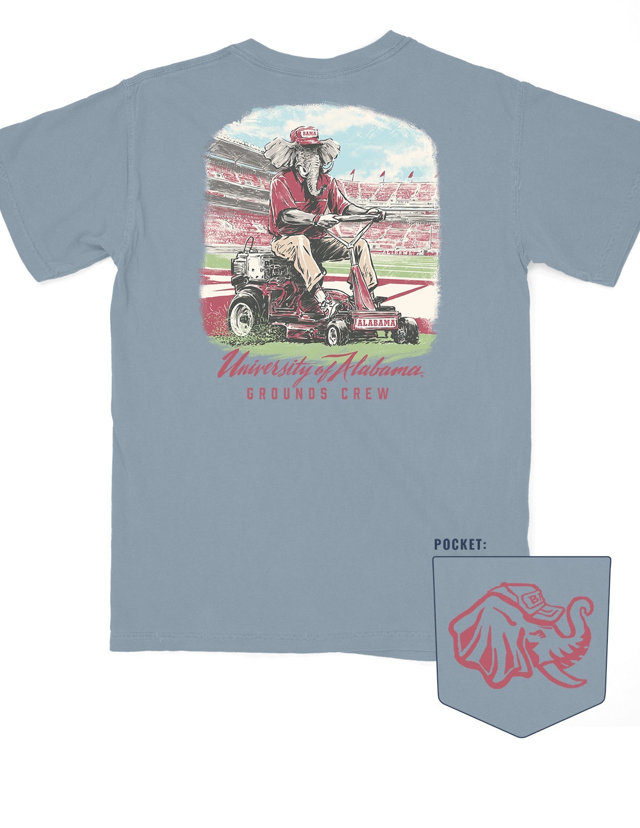 University of Alabama Blue Big Al Grounds Crew T-Shirt with an image of Big Al in a polo and khakis riding a lawnmower