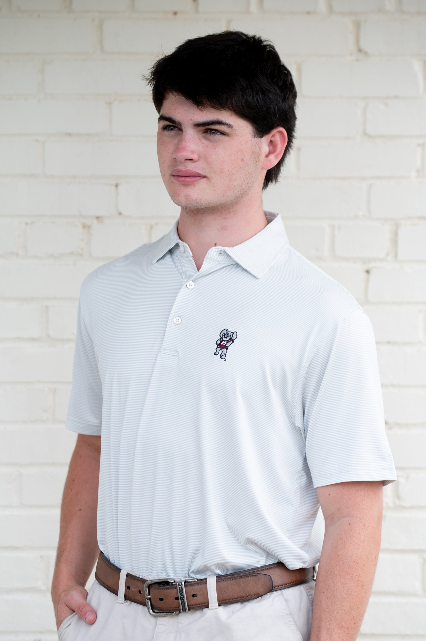 University of Alabama Light Grey Men’s Stripe Polo with the Big Al Logo embroidery