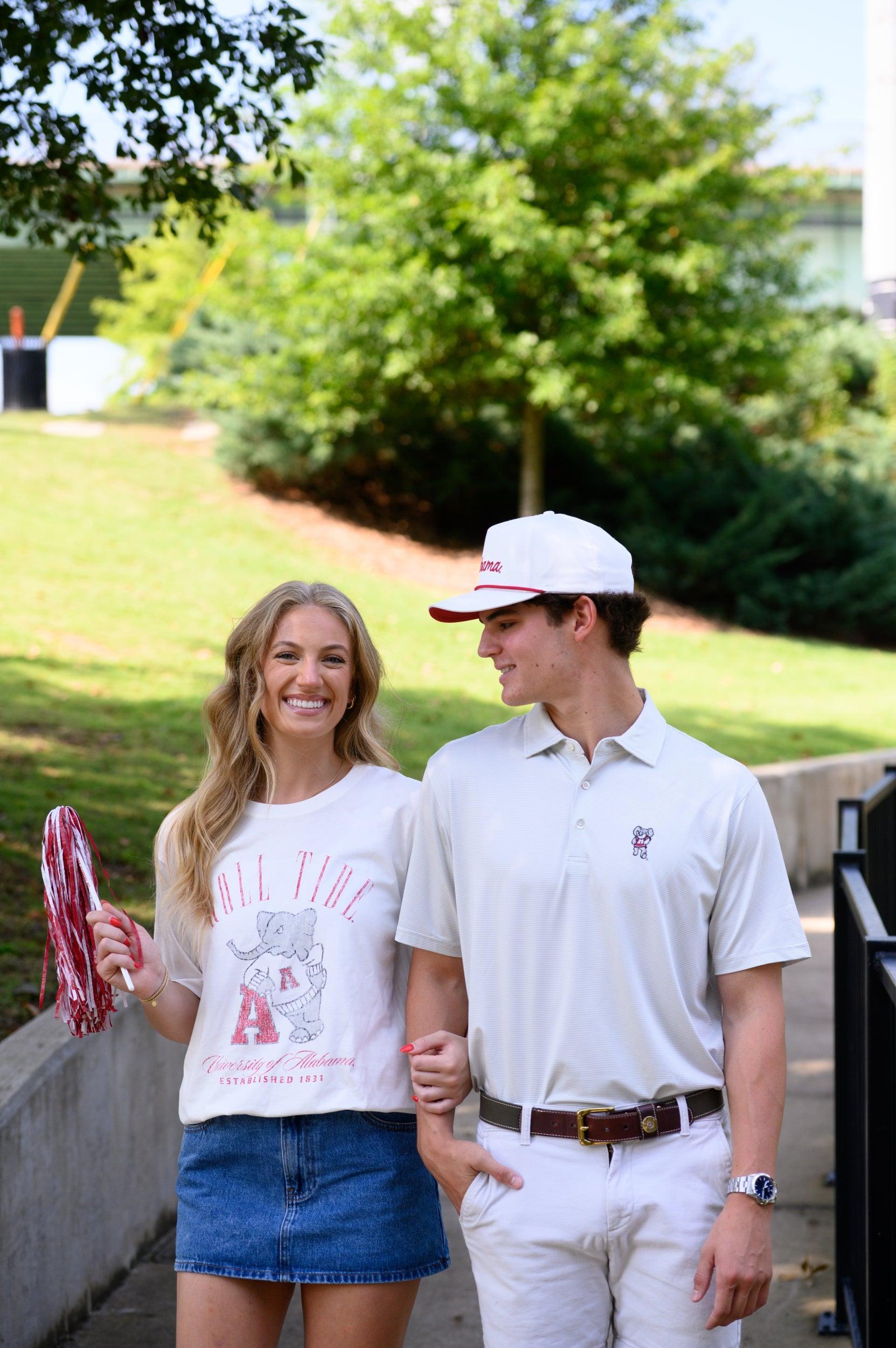 University of Alabama Light Grey Men’s Stripe Polo with the Big Al Logo embroidery