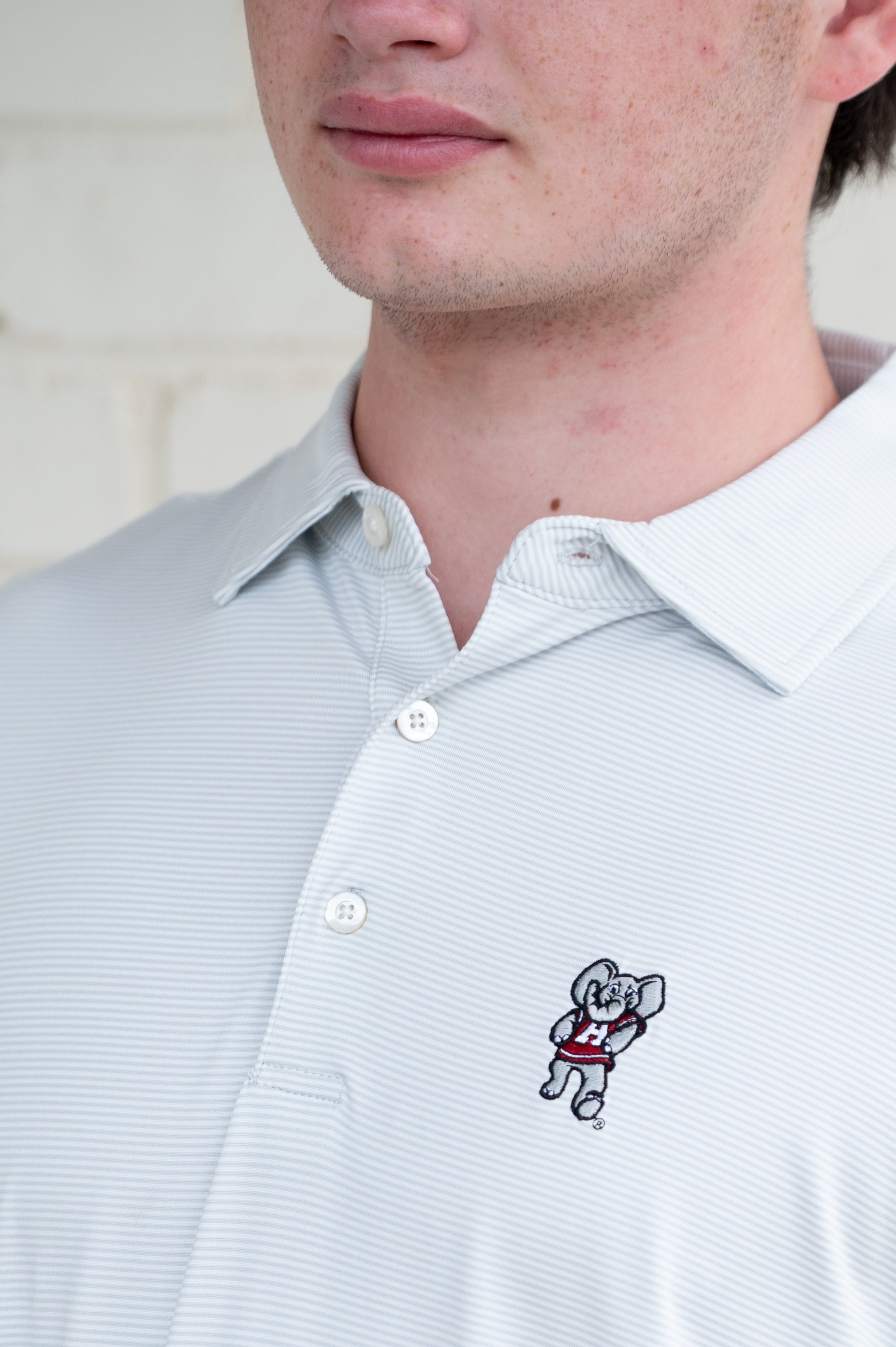 University of Alabama Light Grey Men’s Stripe Polo with the Big Al Logo embroidery