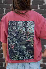 University of Alabama Big Al Turkey Call Comfort Colors Bay with an image of Big Al wearing hunting gear and sitting next to turkeys