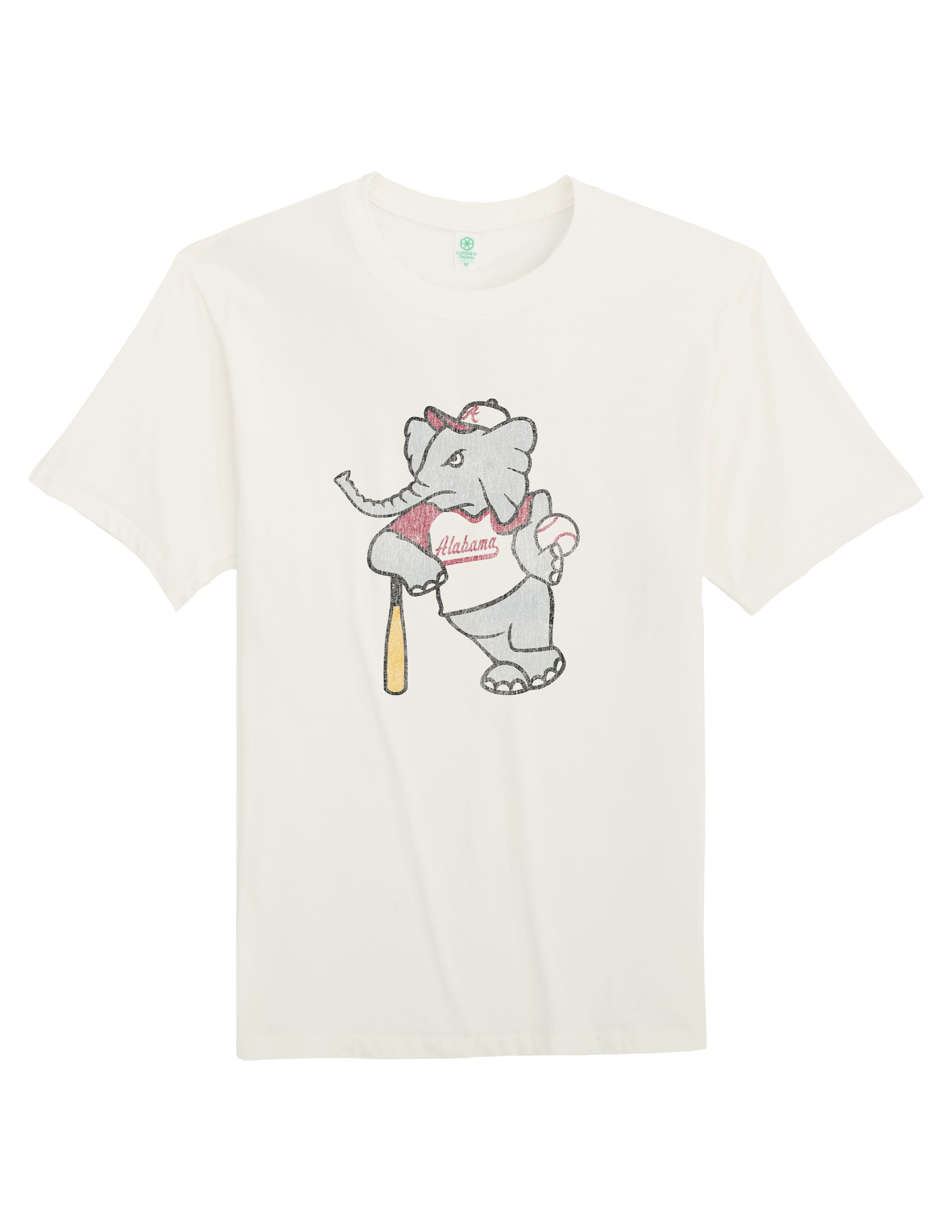 University of Alabama Big Al Vintage Baseball Ivory SoftShirts T-Shirt with an image of a vintage Big Al in a baseball uniform leaning against a baseball bat  