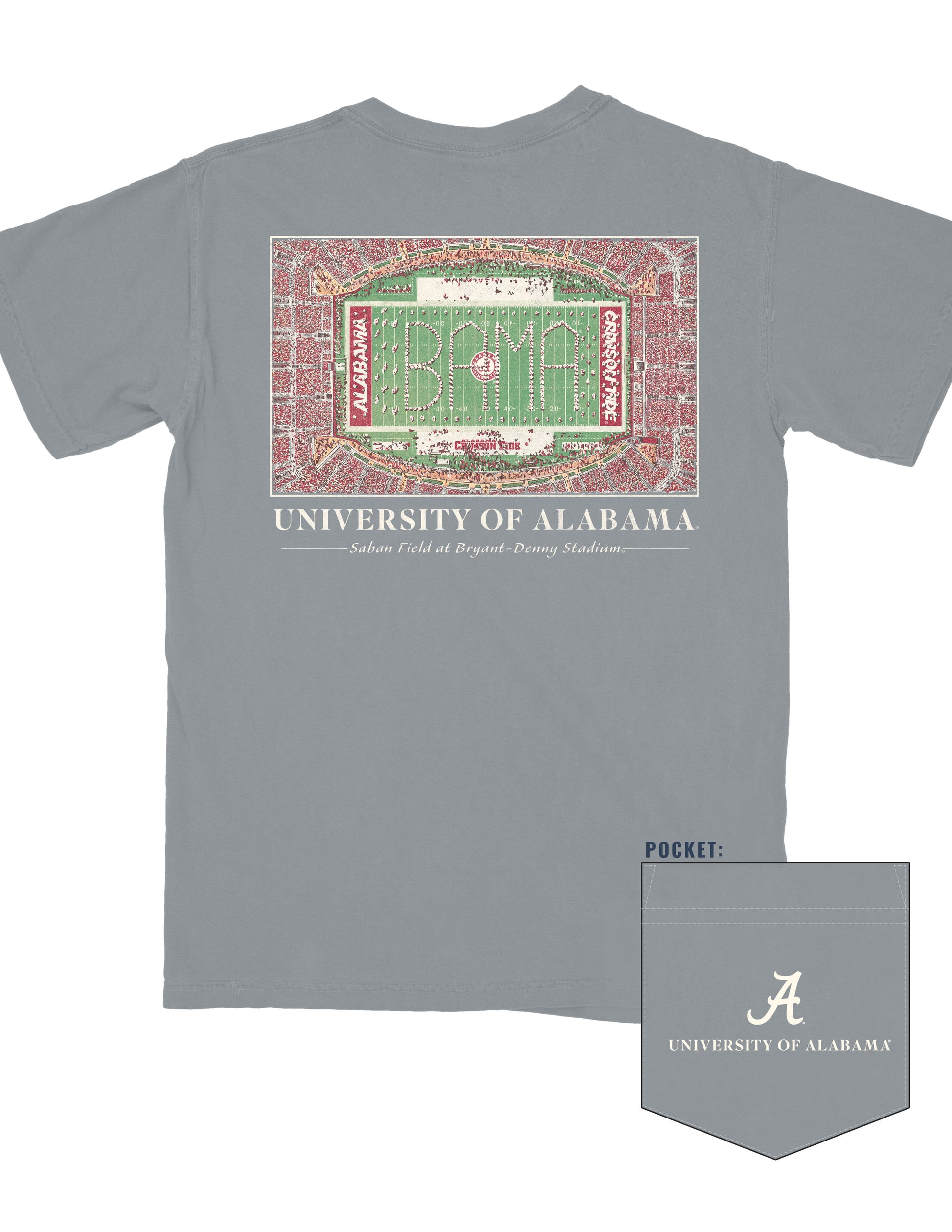 University of Alabama Granite T-Shirt with an aerial view of the Million Dollar Band performing their iconic “Big Bama Spellout”
