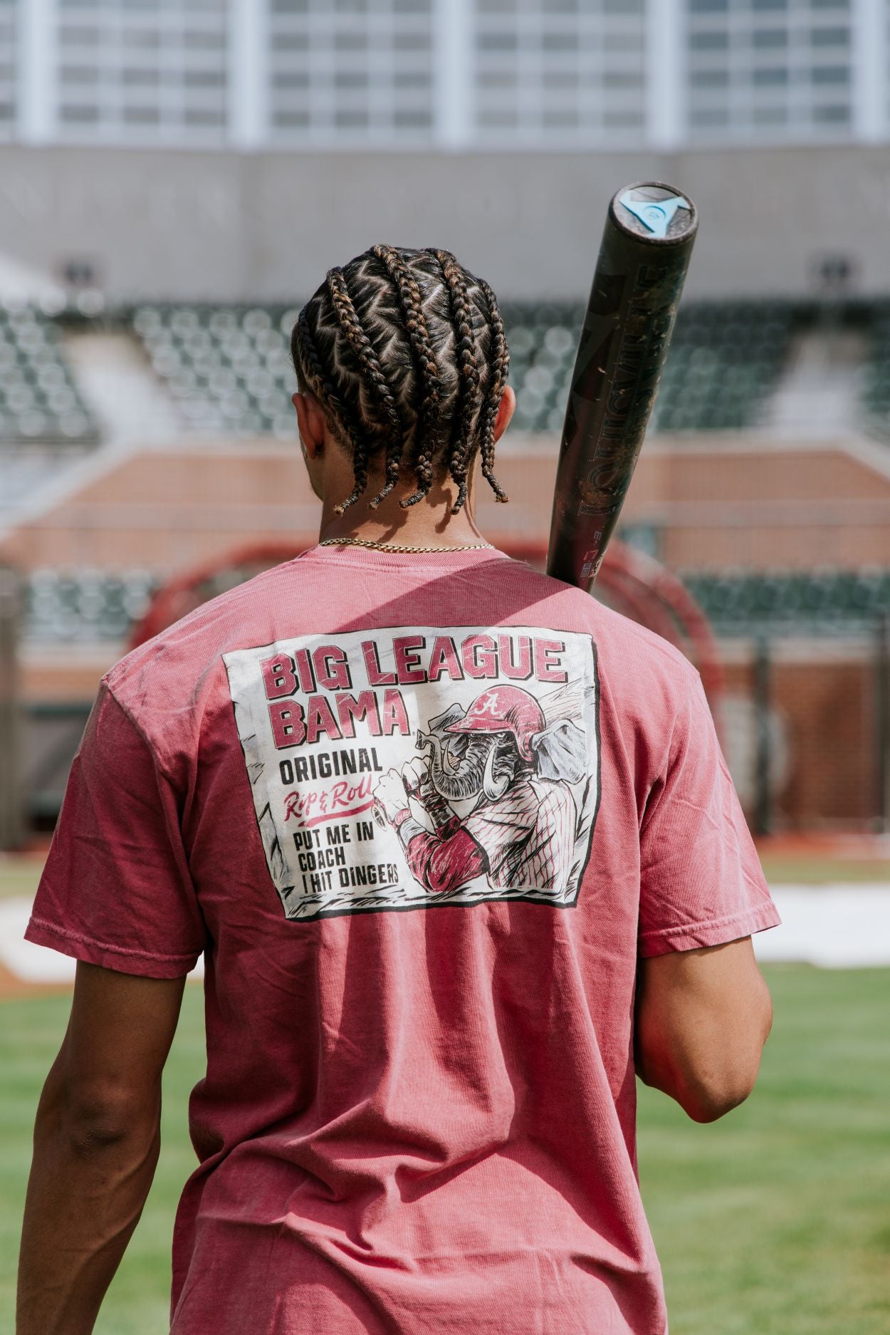 University of Alabama Red Comfort Colors T-Shirt with an image of Big Al in baseball gear swinging a bat below text "Big League Bama"