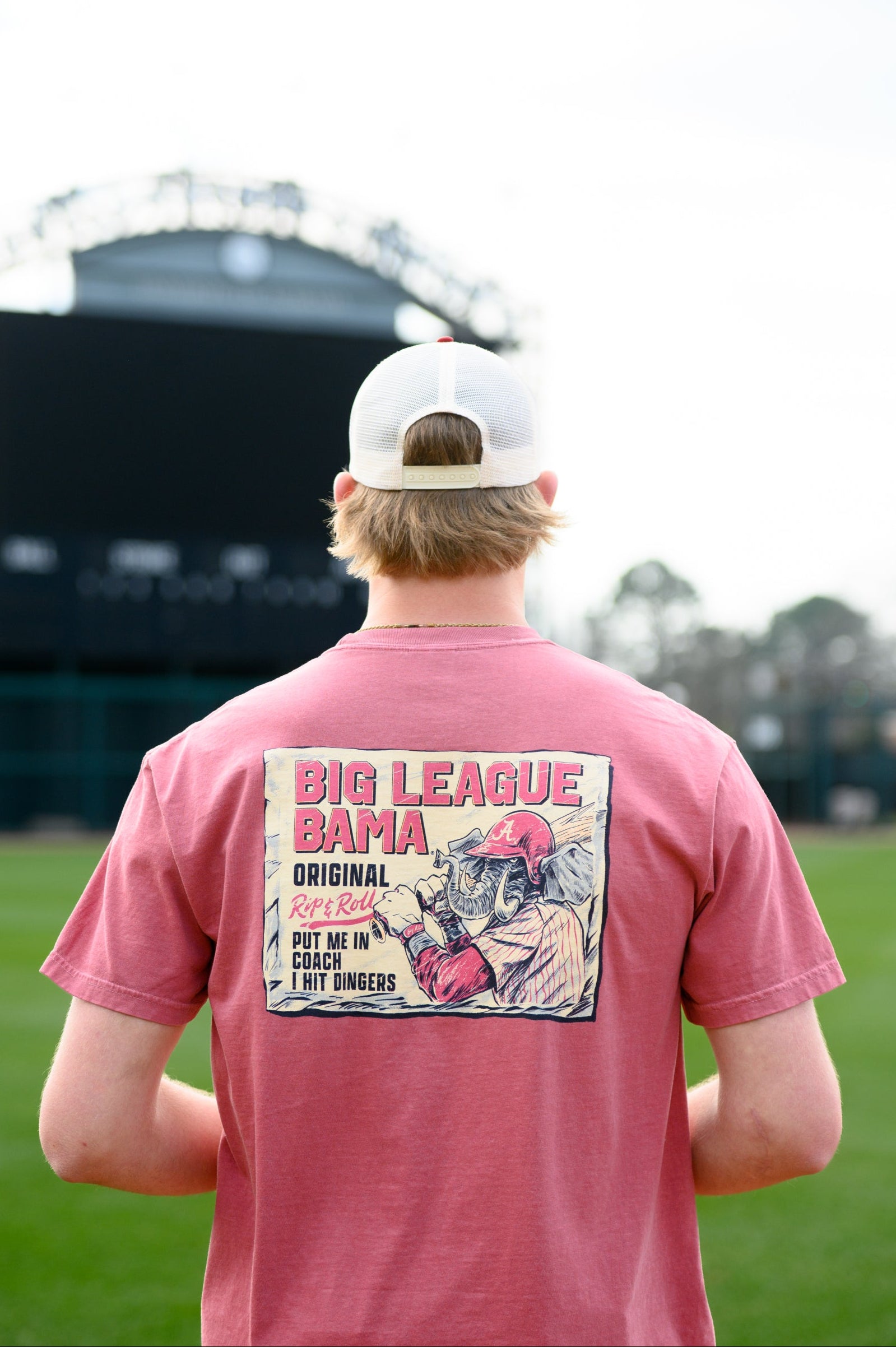 University of Alabama Red Comfort Colors T-Shirt with an image of Big Al in baseball gear swinging a bat below text "Big League Bama"