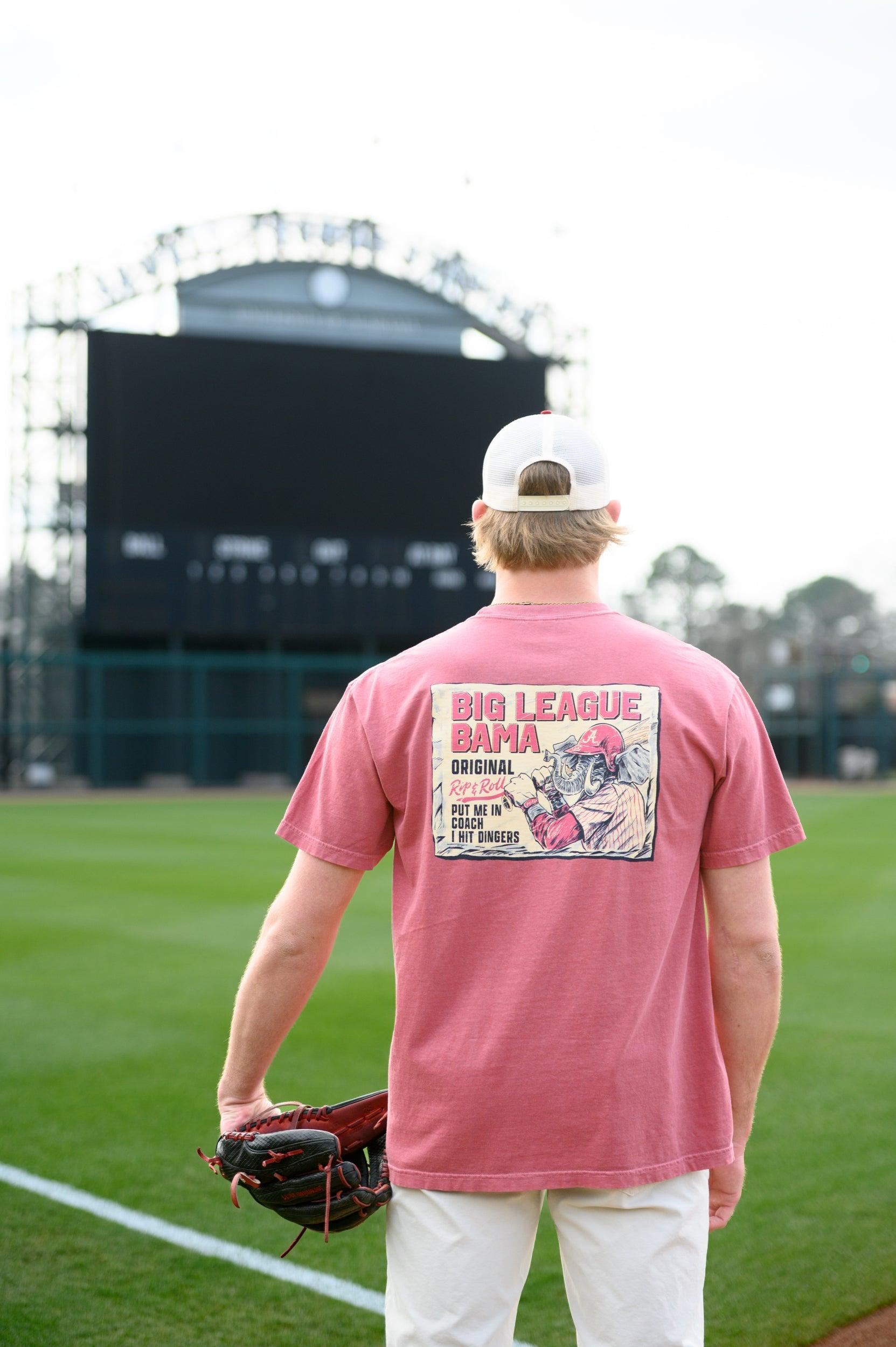 University of Alabama Red Comfort Colors T-Shirt with an image of Big Al in baseball gear swinging a bat below text "Big League Bama"