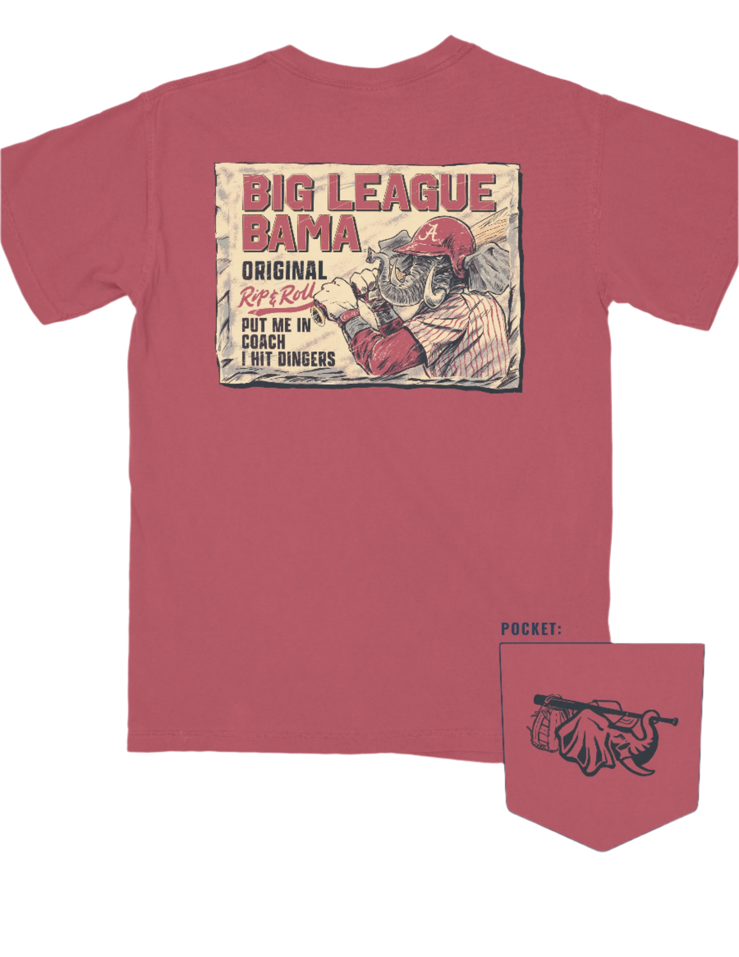 University of Alabama Red Comfort Colors T-Shirt with an image of Big Al in baseball gear swinging a bat  below text "Big League Bama"