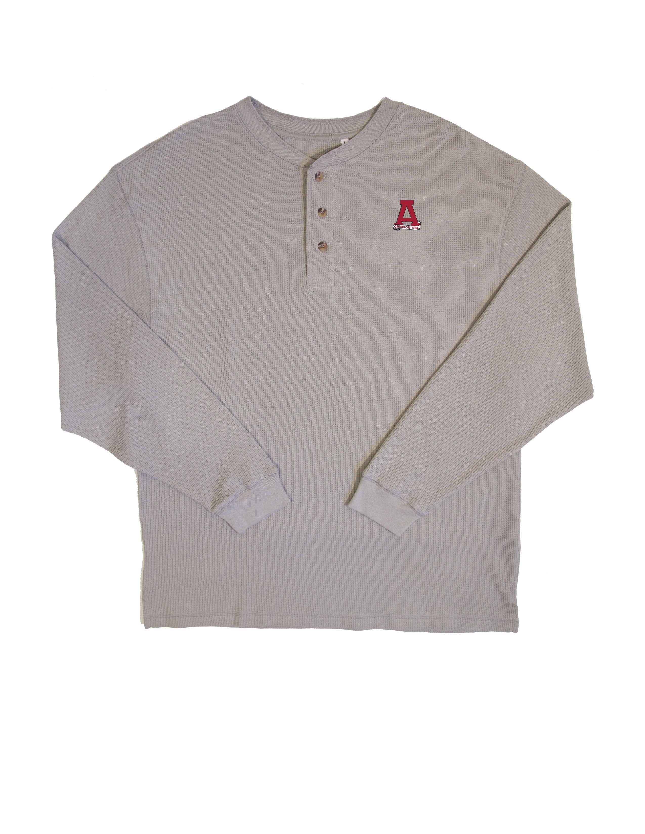 University of Alabama Grey Thermal Henley with Red Block A Logo Embroidery