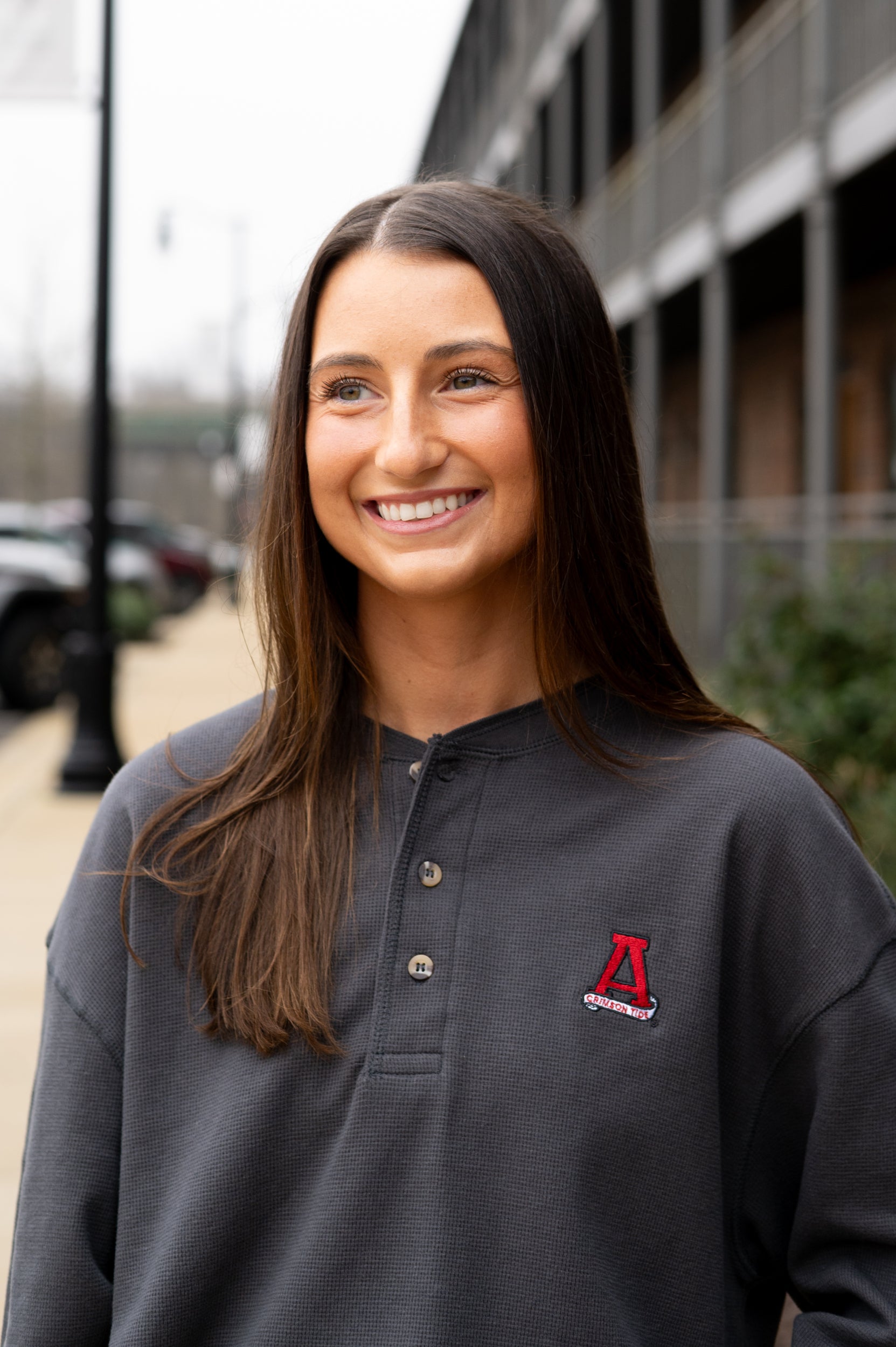 University of Alabama Grey Thermal Henley with Red Block A Logo Embroidery