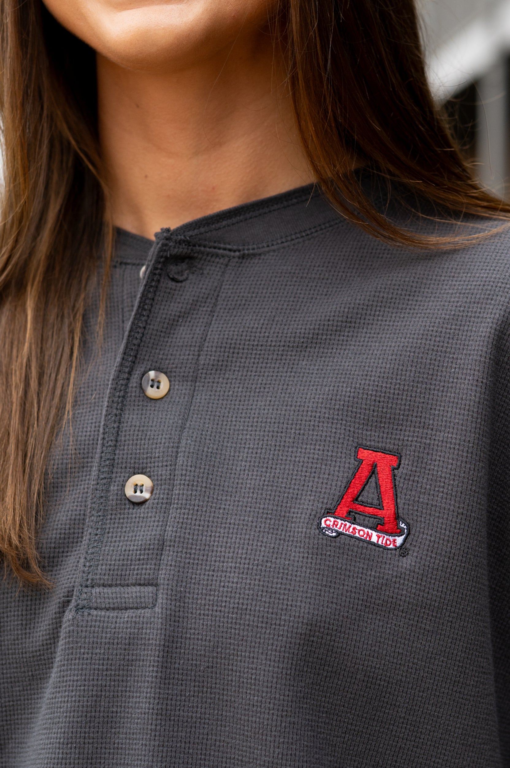 University of Alabama Grey Thermal Henley with Red Block A Logo Embroidery