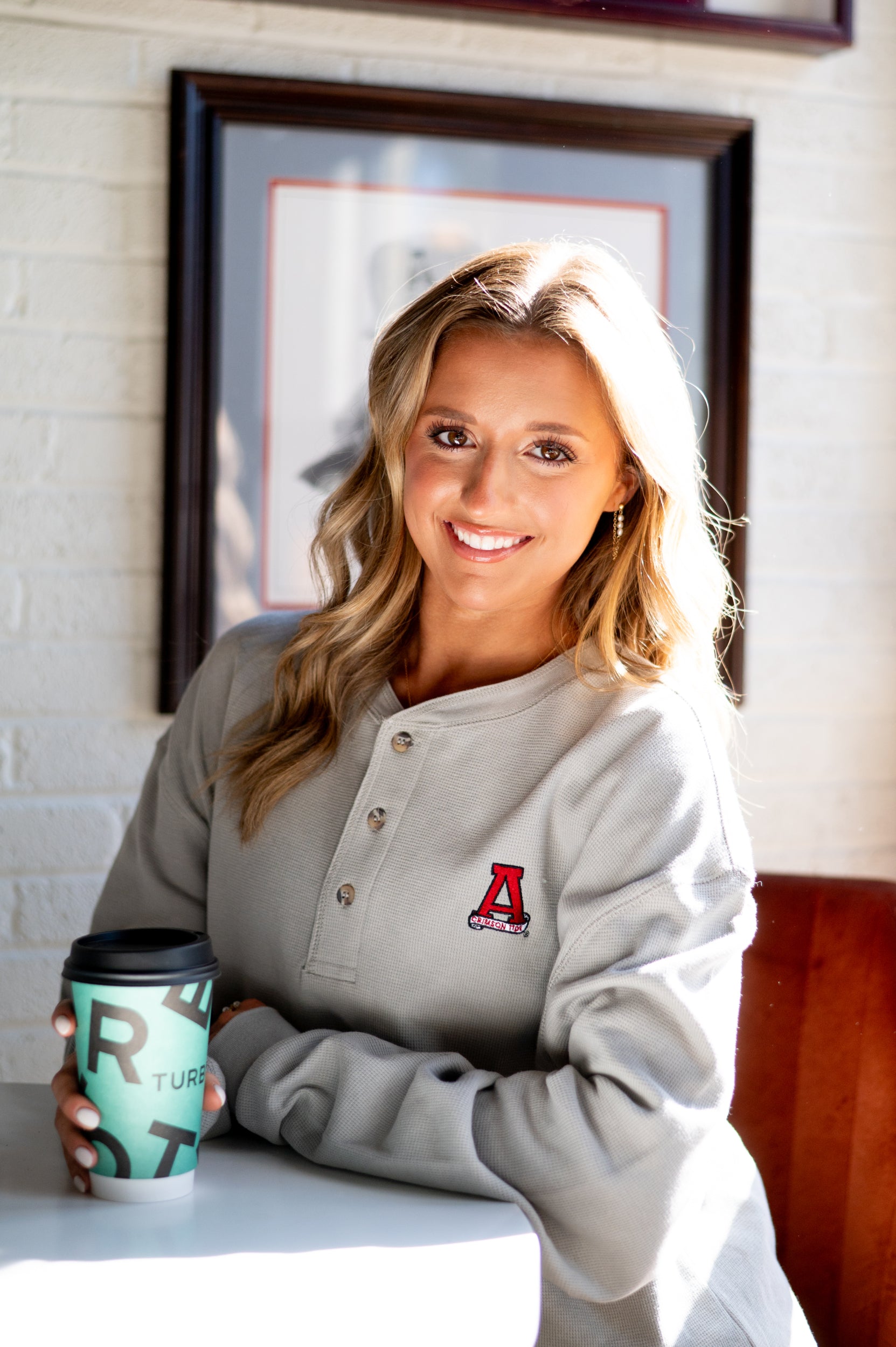 University of Alabama Grey Thermal Henley with Red Block A Logo Embroidery