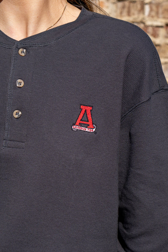University of Alabama Grey Thermal Henley with Red Block A Logo Embroidery