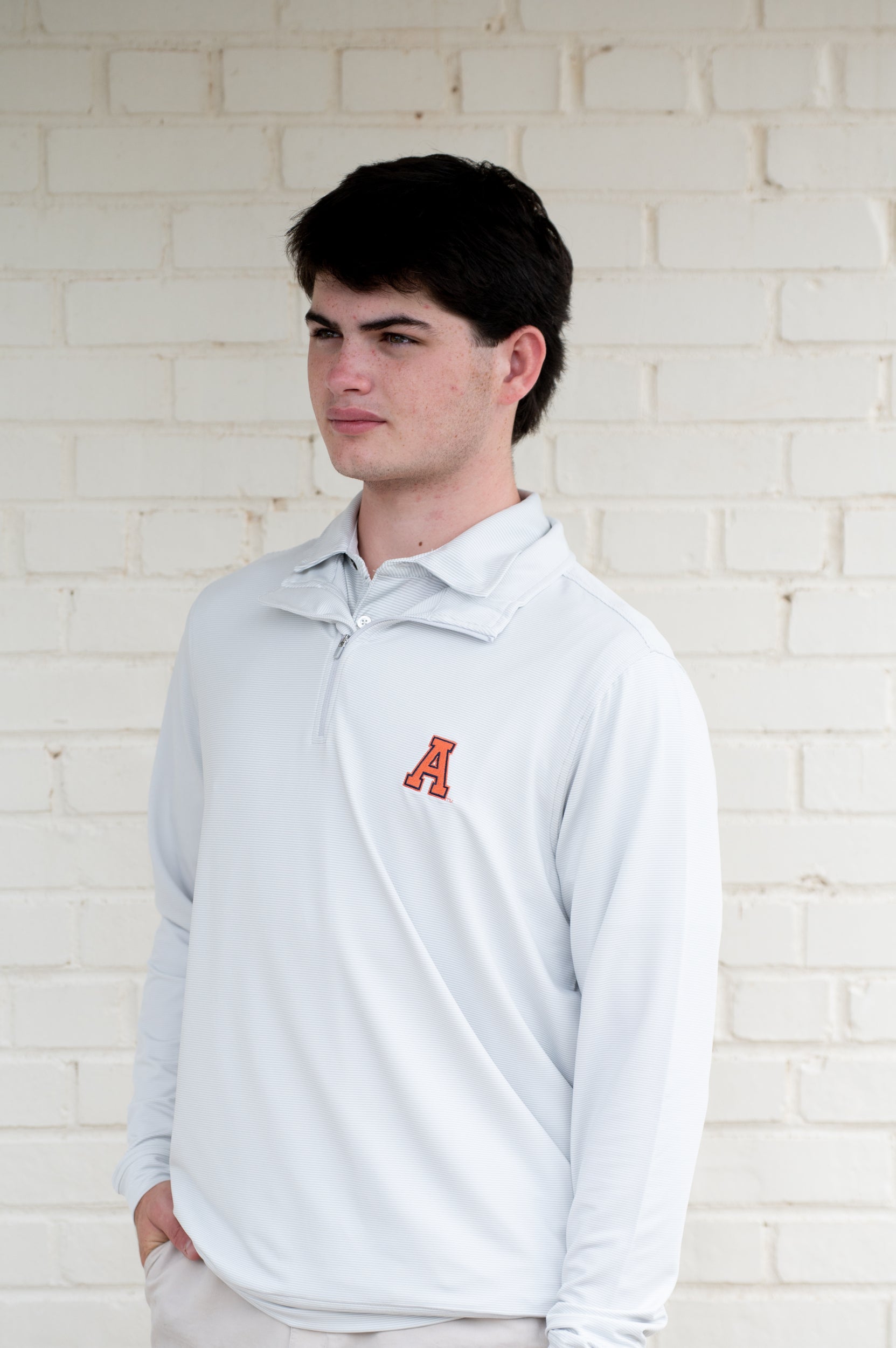 Auburn University Light Grey Men’s Stripe Pullover with Orange Block A Logo embroidery