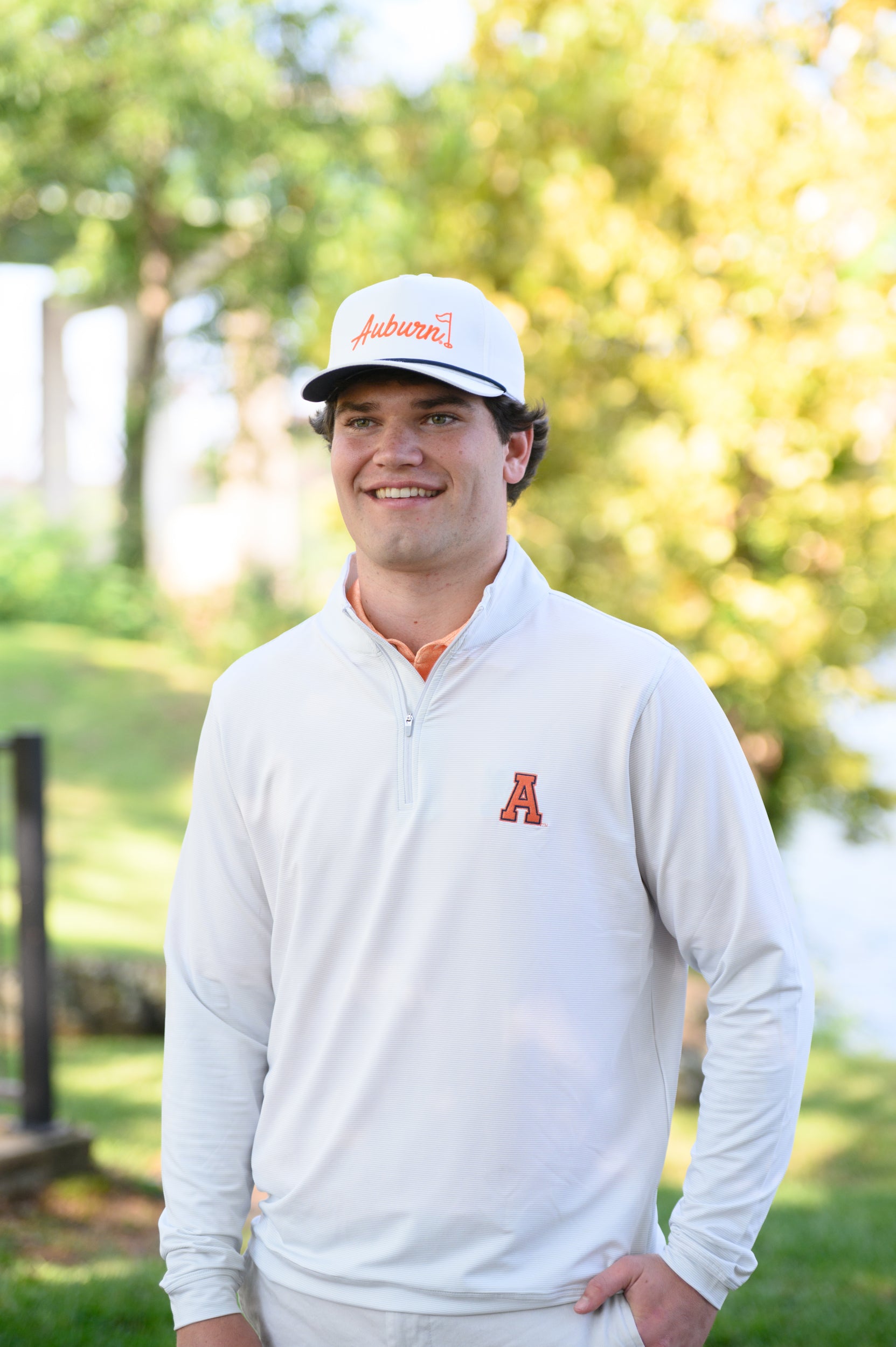Auburn University Light Grey Men’s Stripe Pullover with Orange Block A Logo embroidery