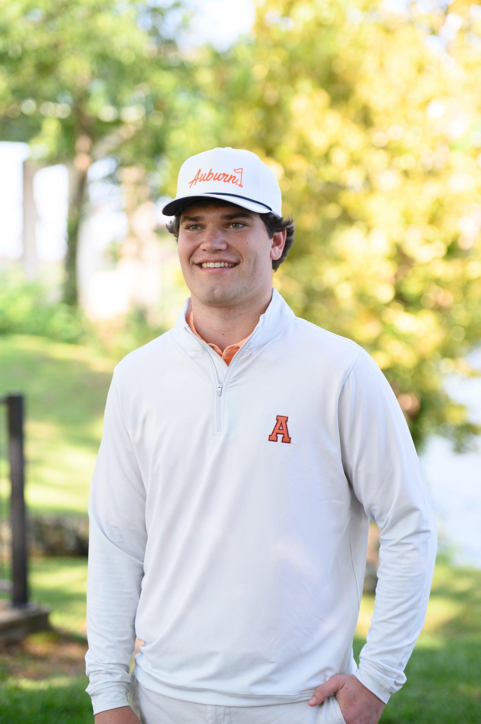 Auburn University Light Grey Men’s Stripe Pullover with Orange Block A Logo embroidery
