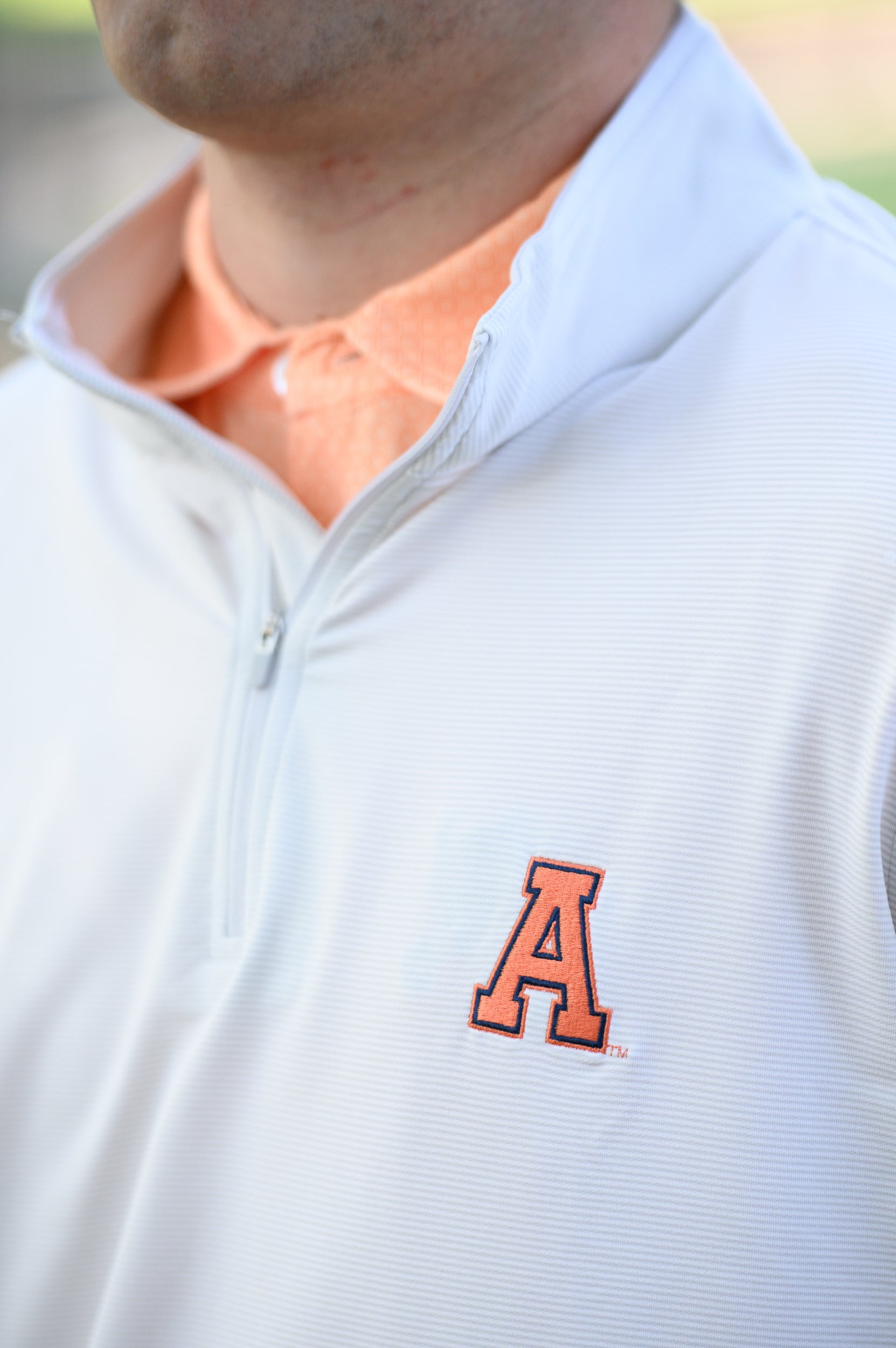 Auburn University Light Grey Men’s Stripe Pullover with Orange Block A Logo embroidery