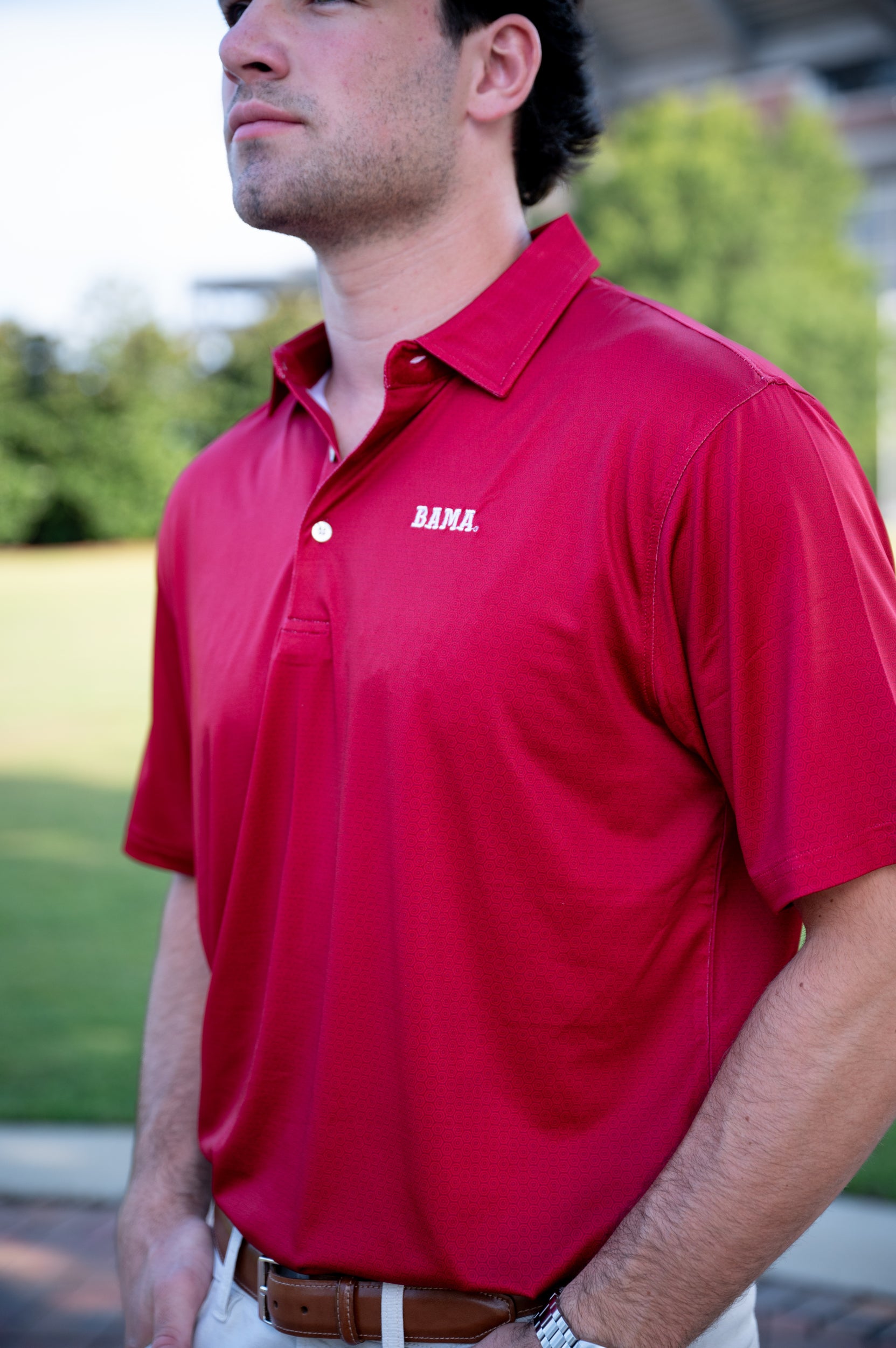 University of Alabama Red Hex Polo with White Block Bama Embroidery