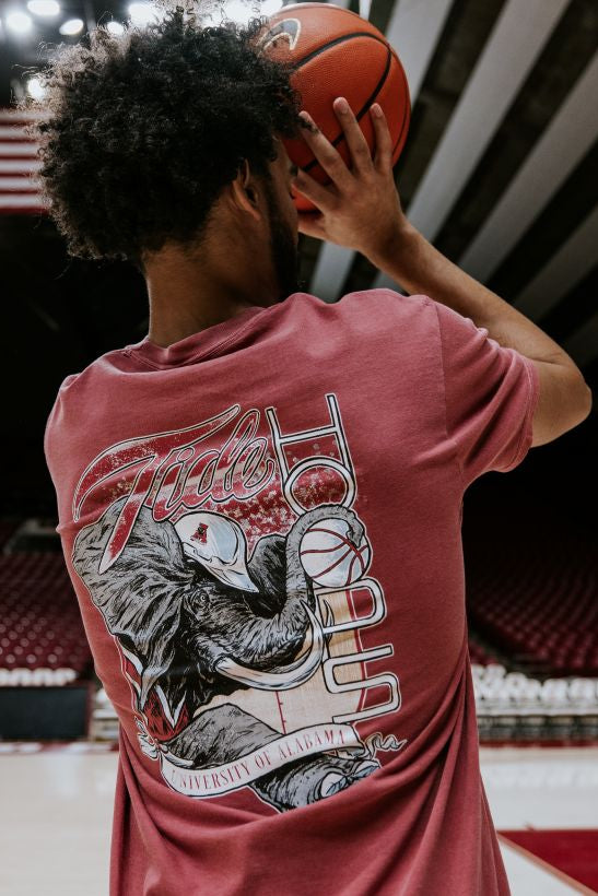 University of Alabama Red T-Shirt with Big Al wearing a hard hat and holding a basketball with his trunk to help spell the word “Hoops”