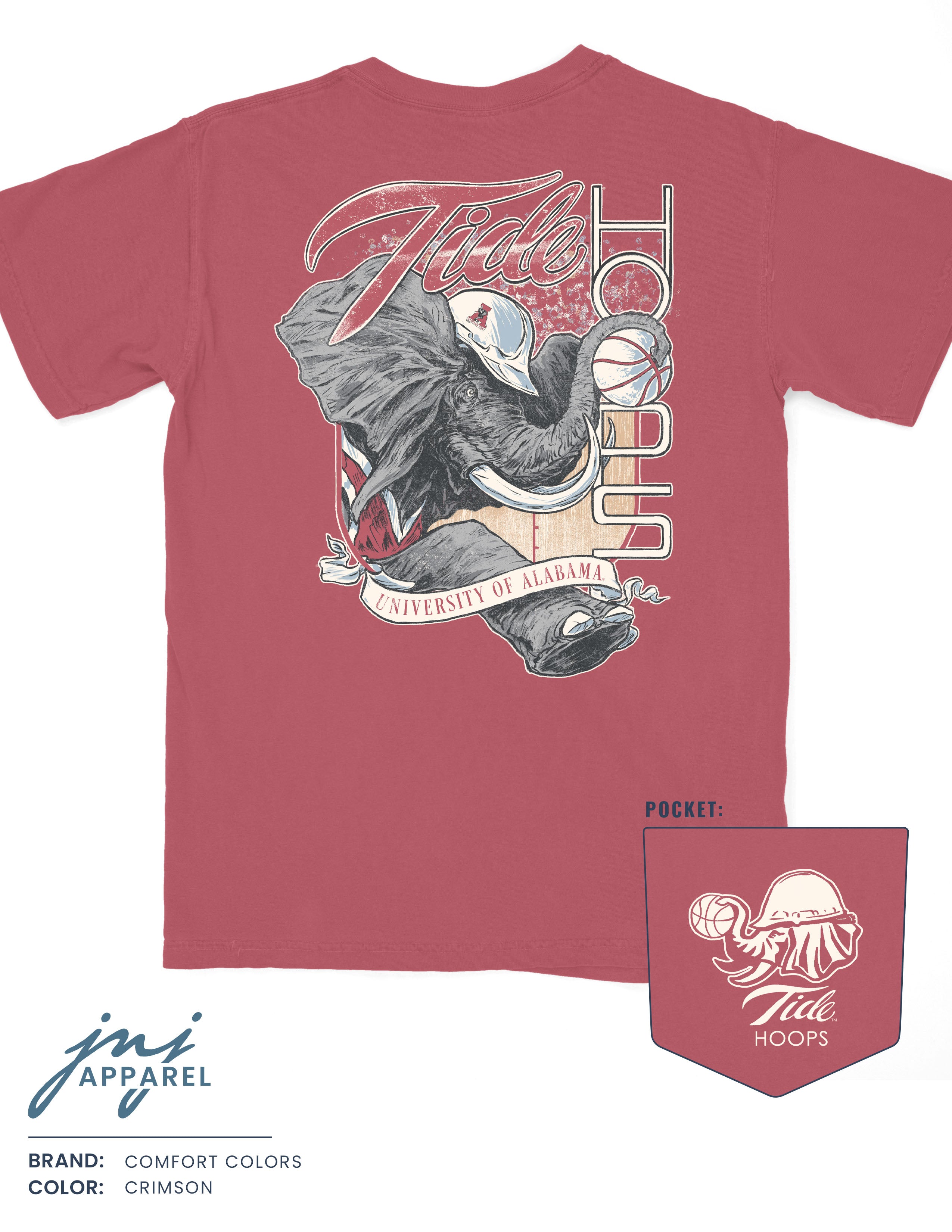 University of Alabama Red T-Shirt with Big Al wearing a hard hat and holding a basketball with his trunk to help spell the word “Hoops”