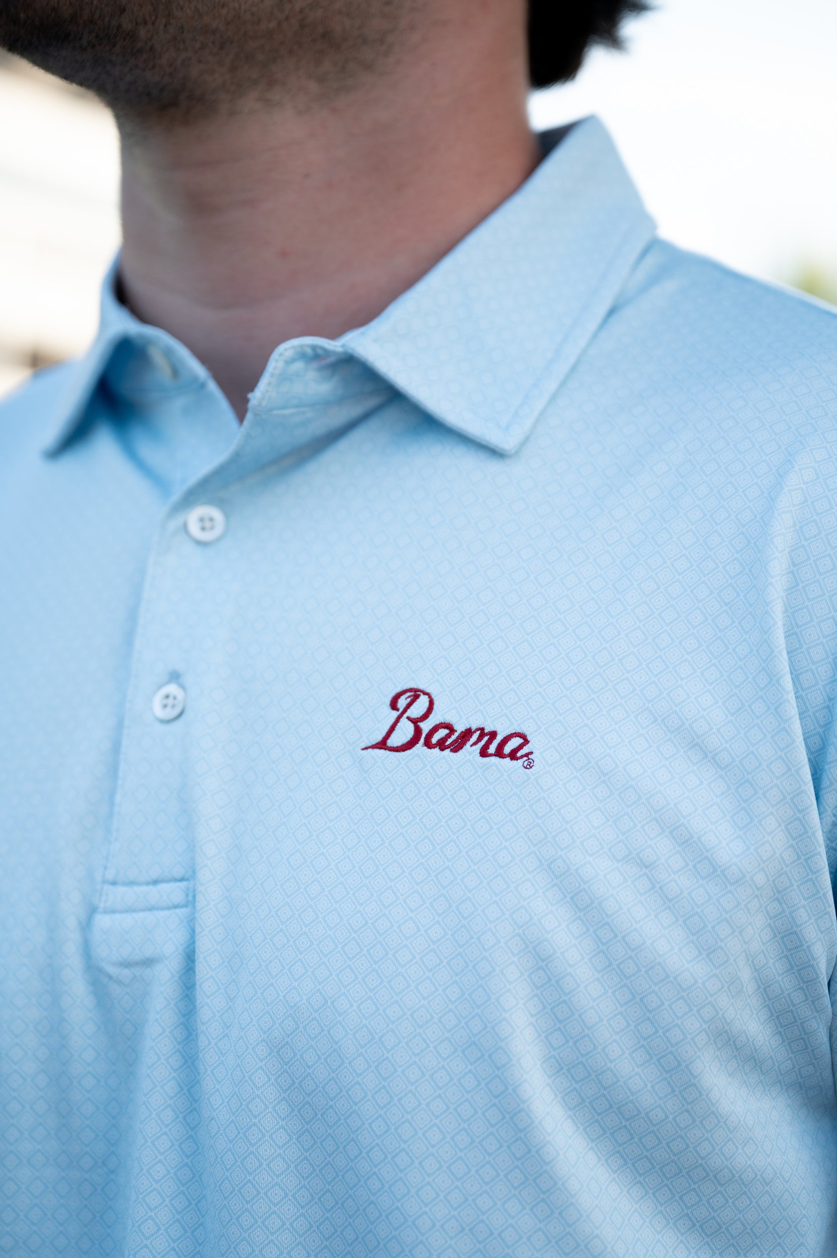 University of Alabama Blue Diamond Polo with Red embroidered "Bama" Script