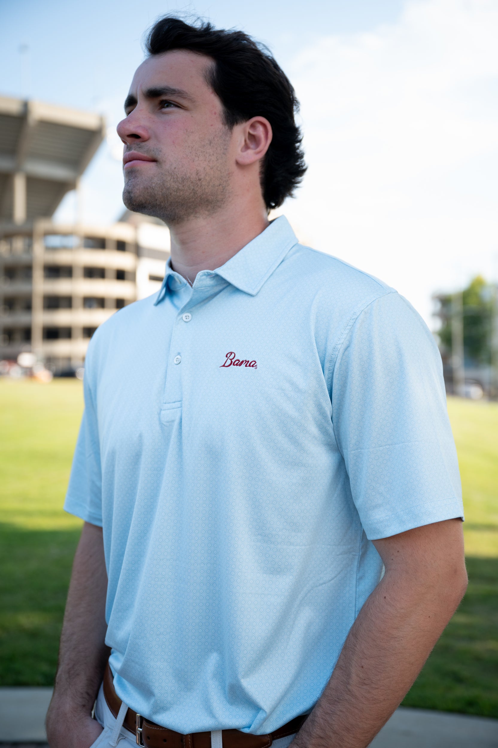 University of Alabama Blue Diamond Polo with Red embroidered "Bama" Script