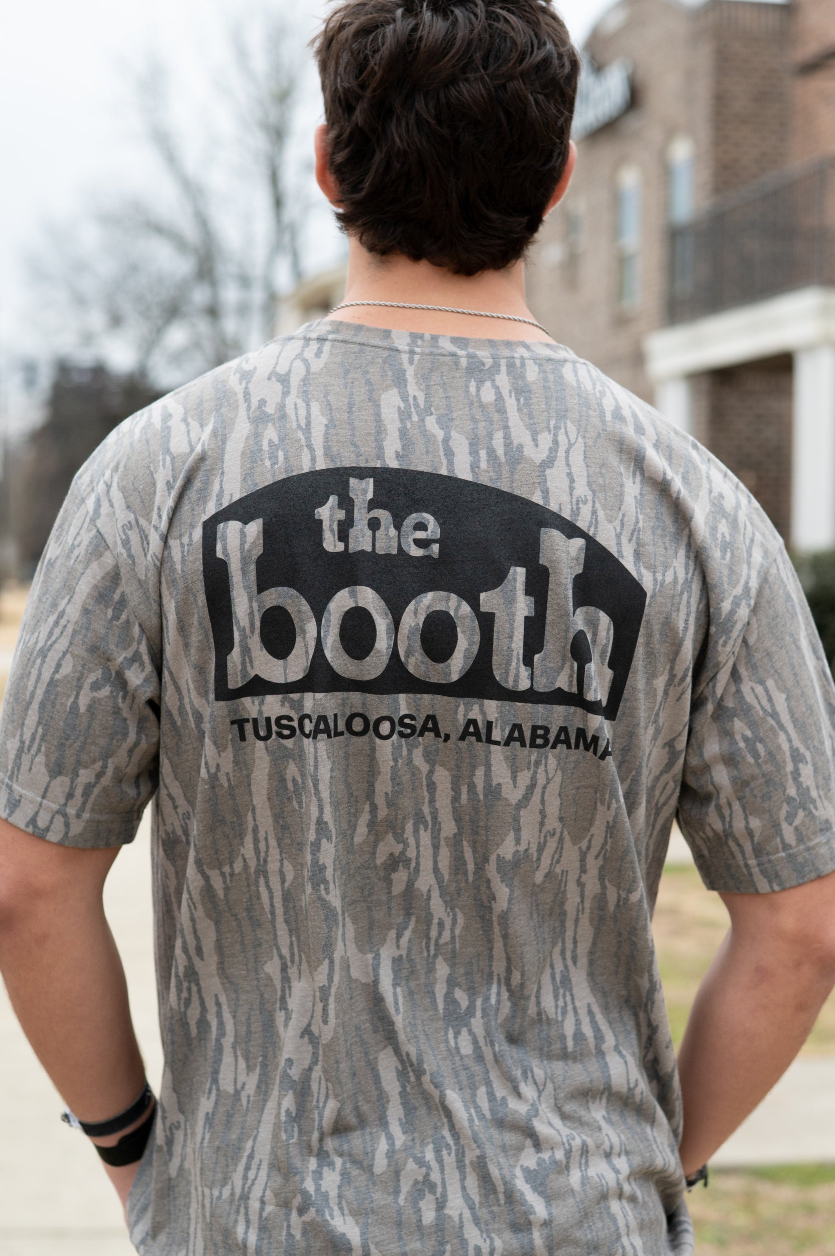The Booth Camo T-Shirt with Black The Booth Logo on the Chest and the Back