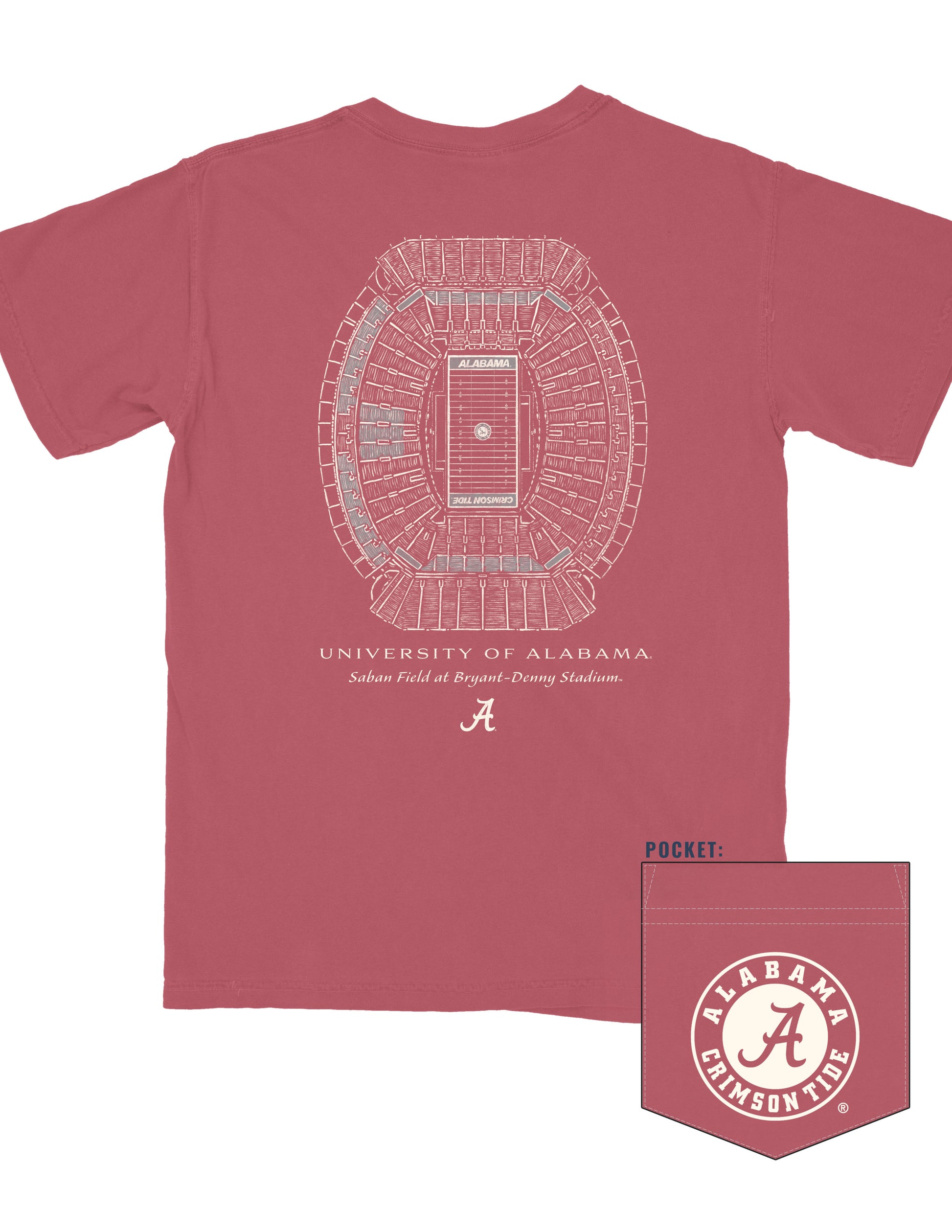 University of Alabama Red T-Shirt with an image of the Saban Field at Bryant-Denny Stadium Blueprint