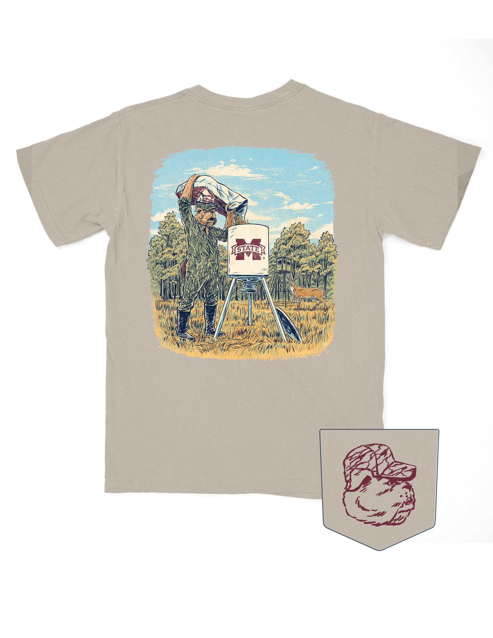 Mississippi State Beige T-Shirt with an illustration of Bully in hunting gear filling an M State deer feeder with a deer in the background