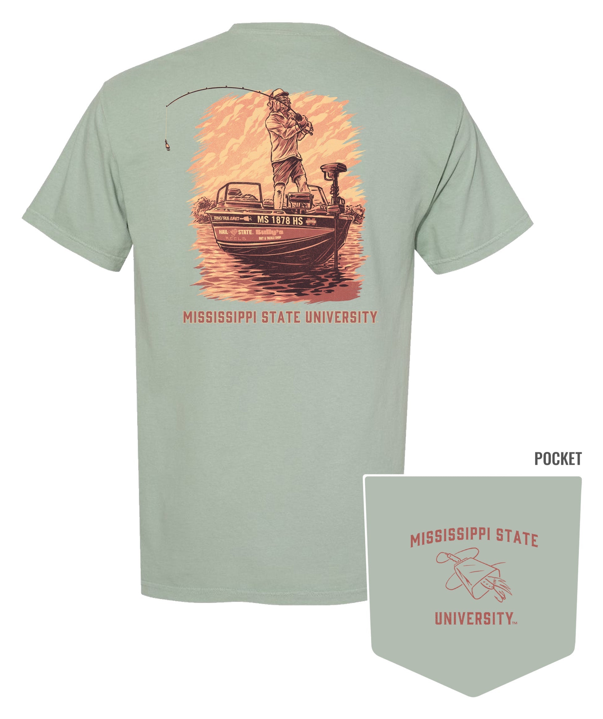 Mississippi State Light Green T-Shirt with an image of Bully bass fishing in a boat