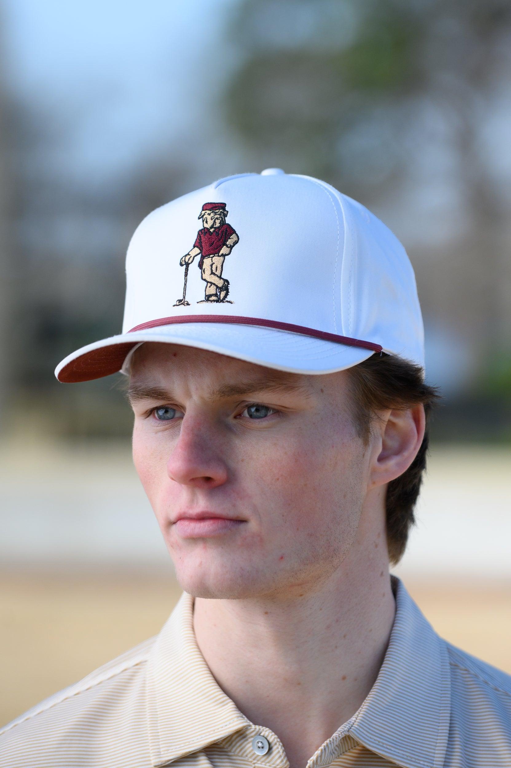 Mississippi State White Hat with an image of Bully leaning against a golf club