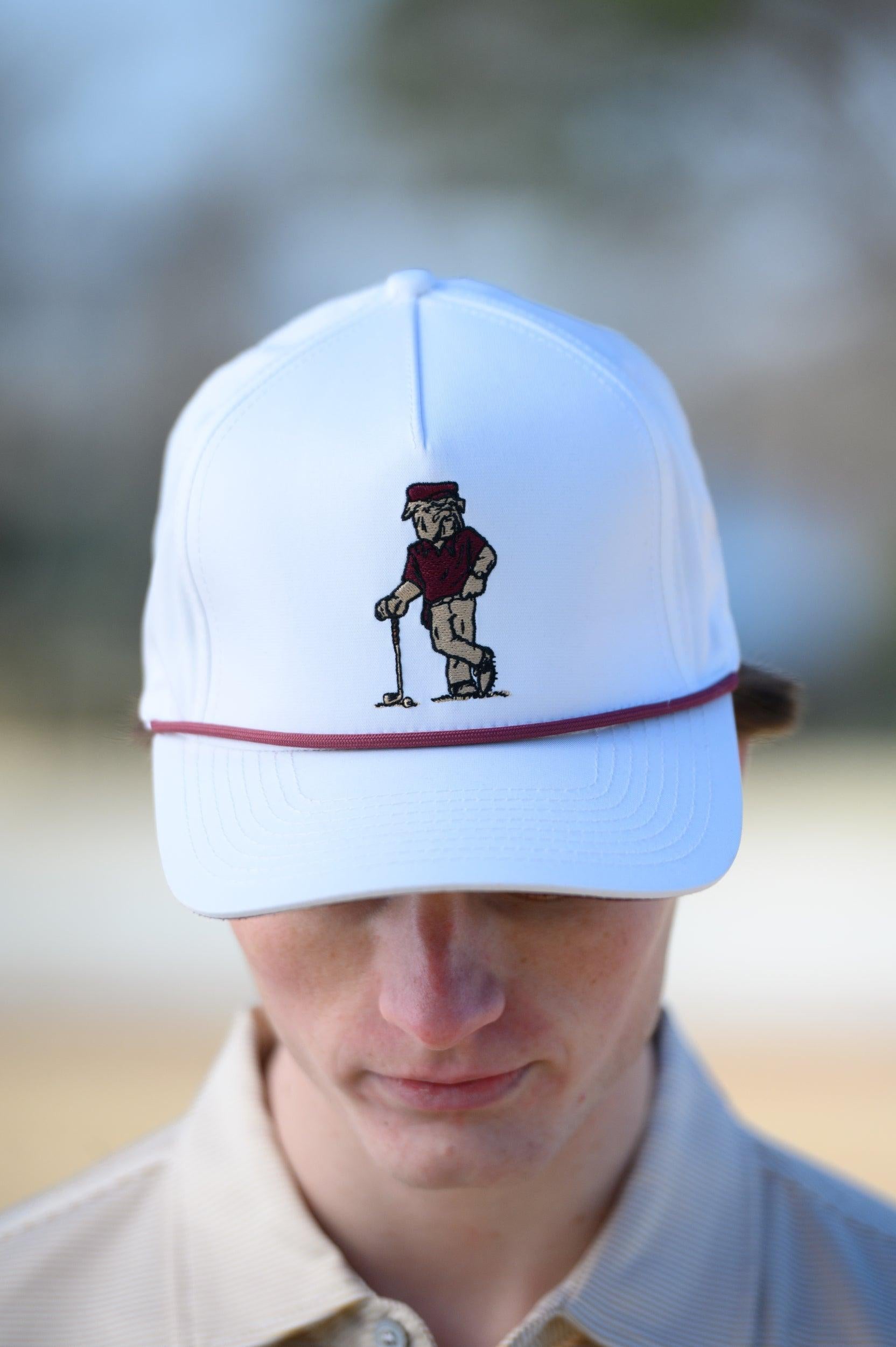 Mississippi State White Hat with an image of Bully leaning against a golf club