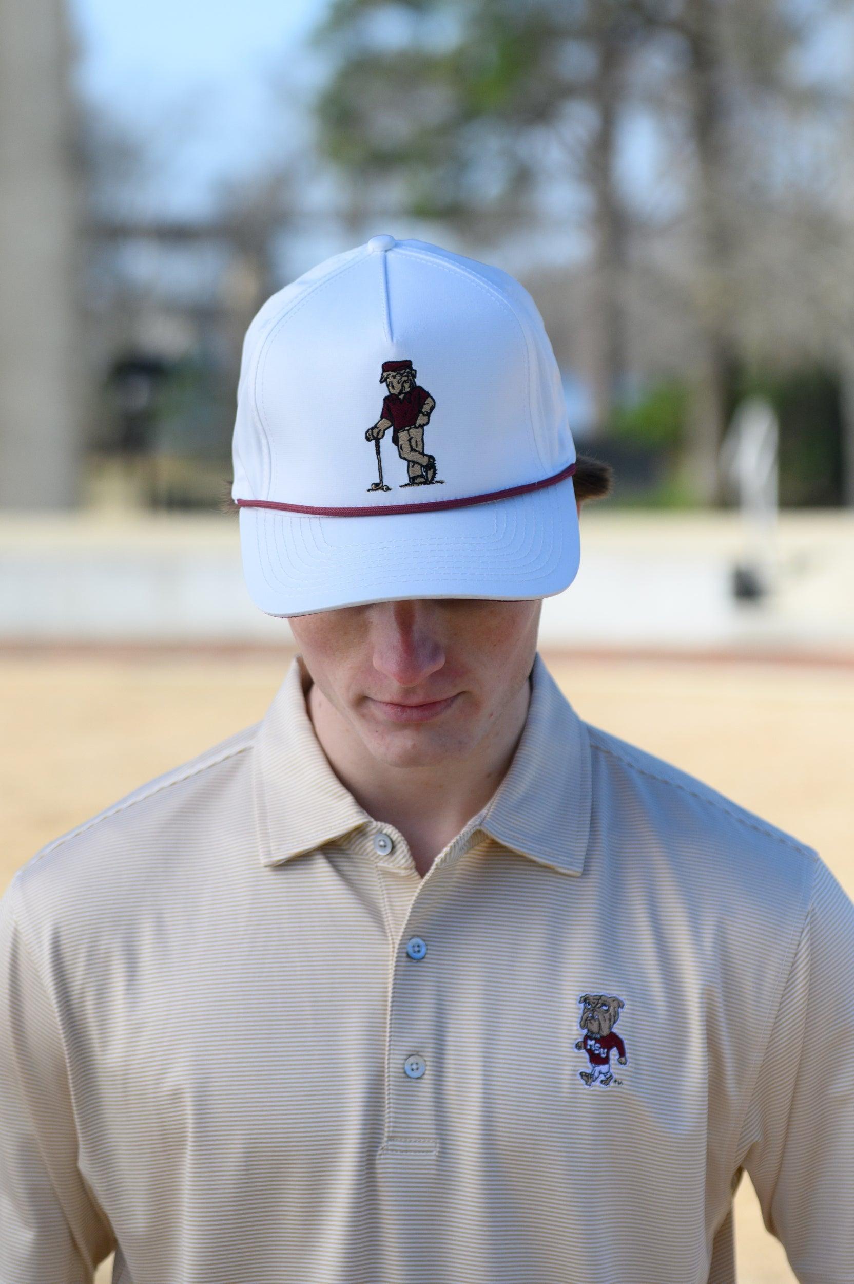 Mississippi State White Hat with an image of Bully leaning against a golf club