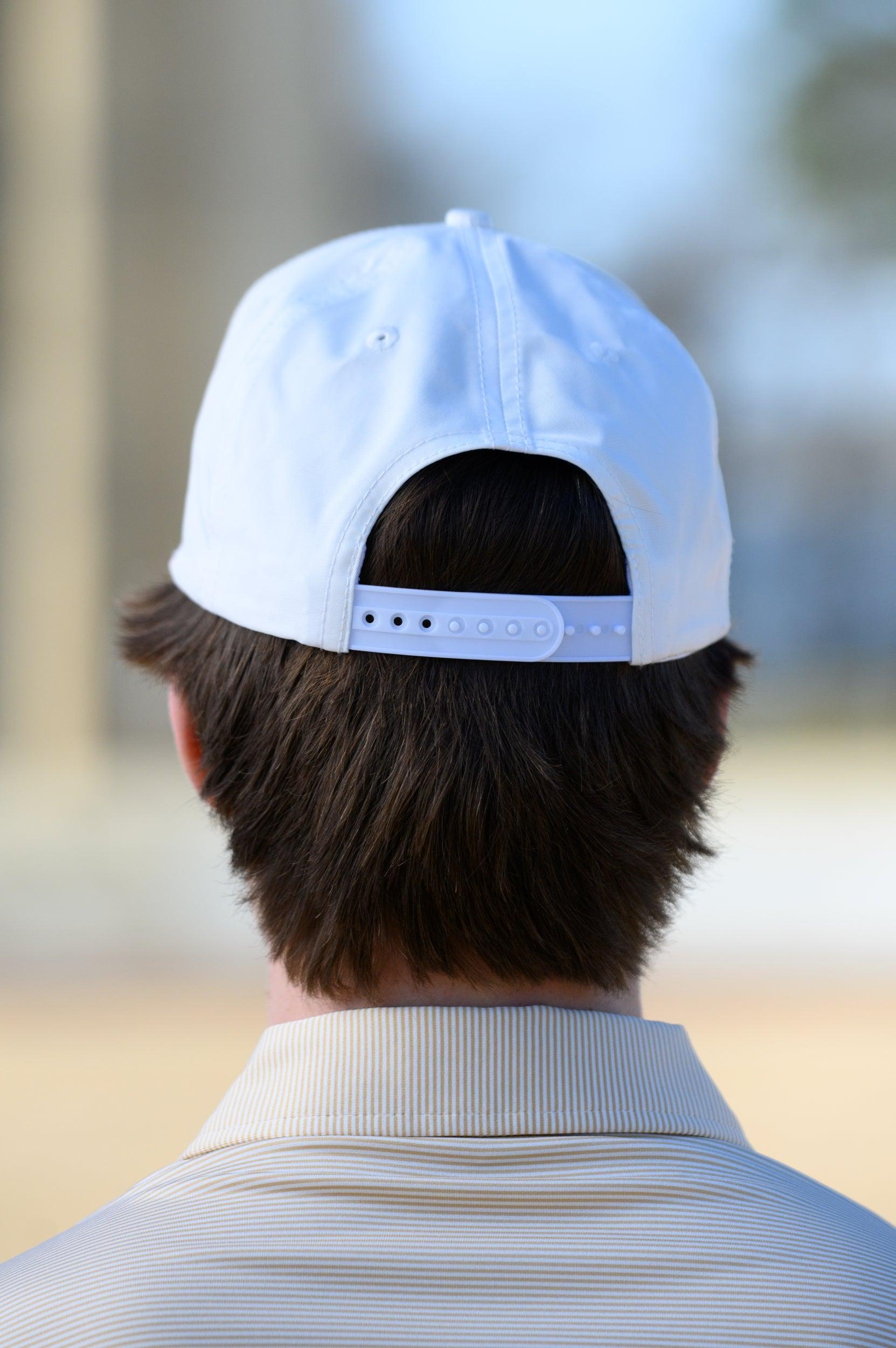 Mississippi State White Hat with an image of Bully leaning against a golf club
snapback