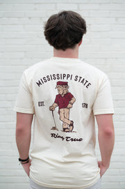 Mississippi State Ivory T-Shirt with an image of Bully leaning against a golf club between Maroon Text "Mississippi State" and "Ring True"