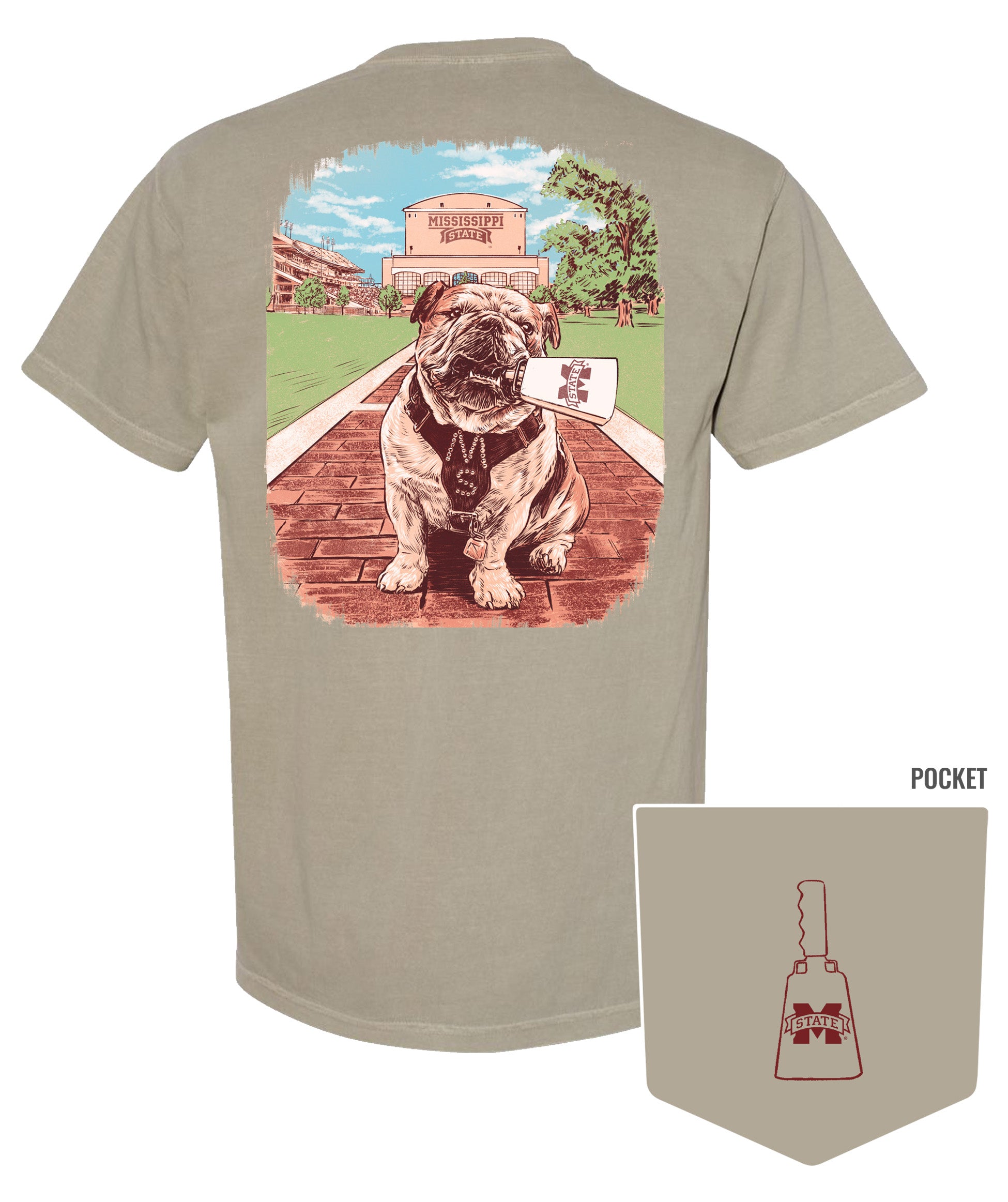 Mississippi State Tan T-Shirt with an image of Bully the bulldog holding a cowbell in it’s mouth on the brick walk into campus