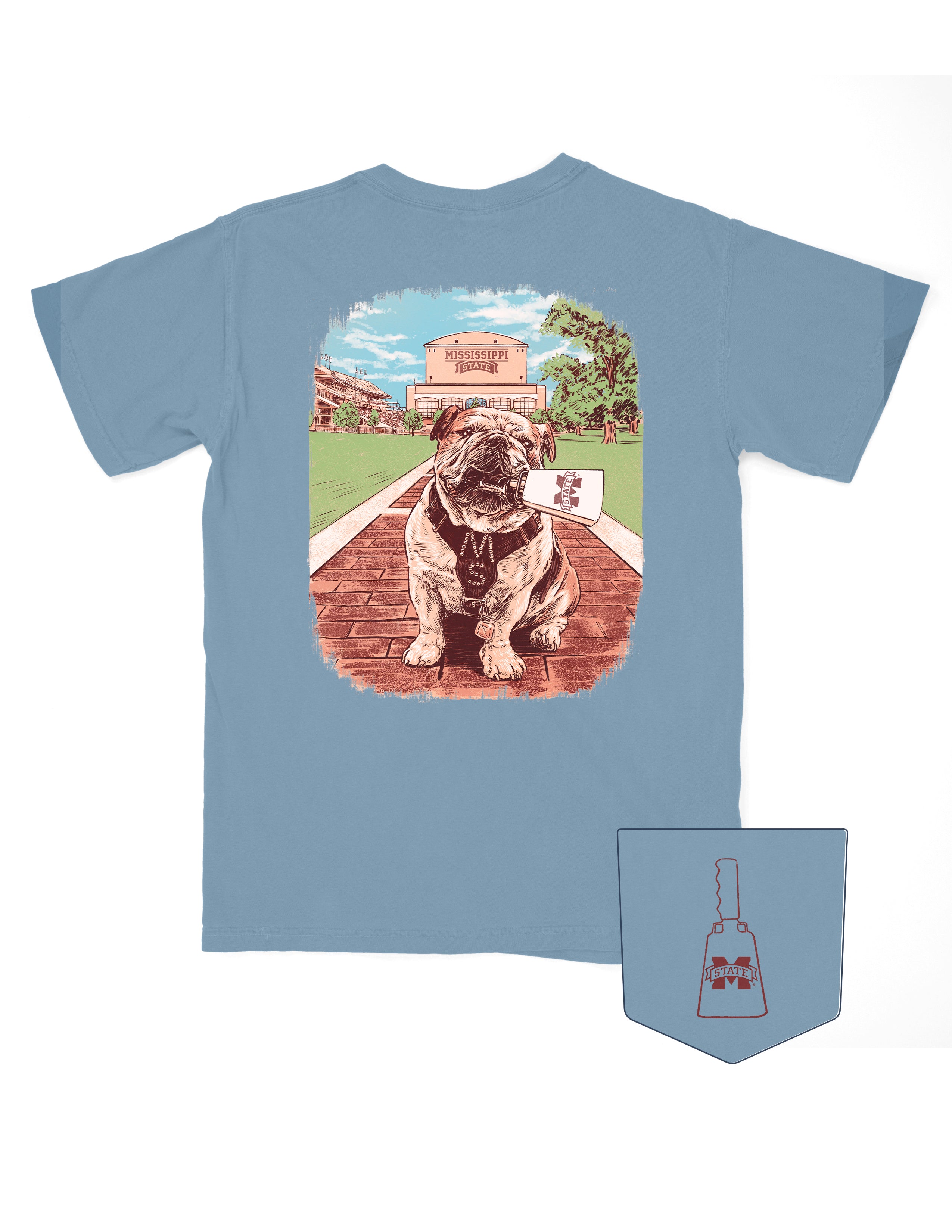 Mississippi State Dusty Blue T-Shirt with an image of Bully the bulldog holding a cowbell in its mouth on the brick walk into campus